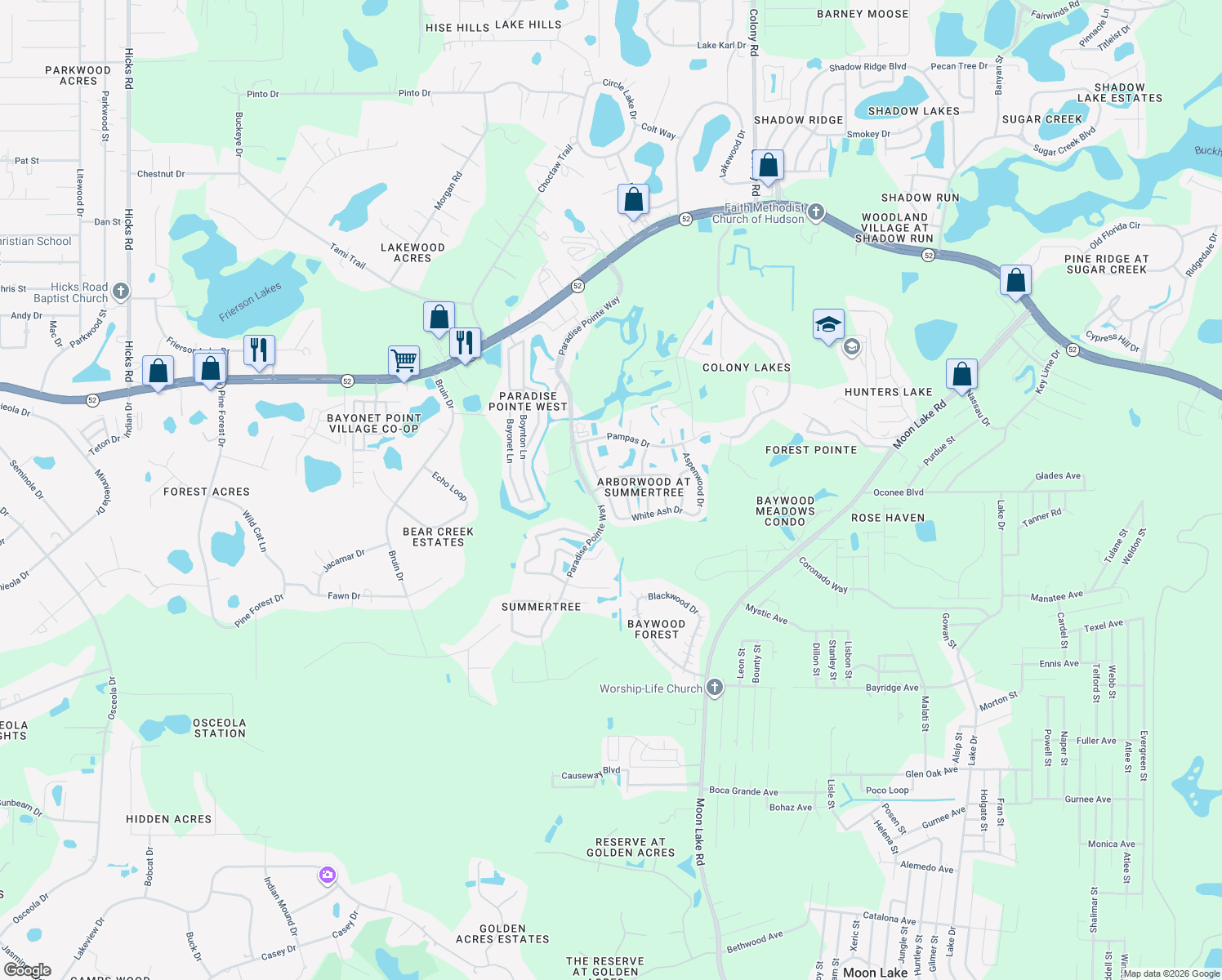 map of restaurants, bars, coffee shops, grocery stores, and more near 11614 Rose Tree Drive in New Port Richey