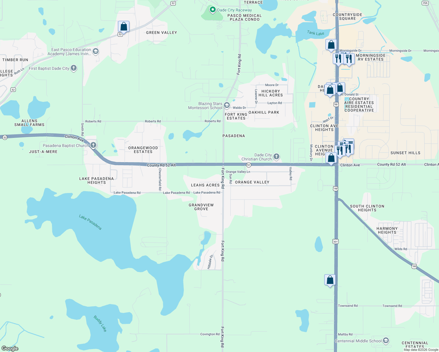 map of restaurants, bars, coffee shops, grocery stores, and more near 11635 Fort King Road in Dade City