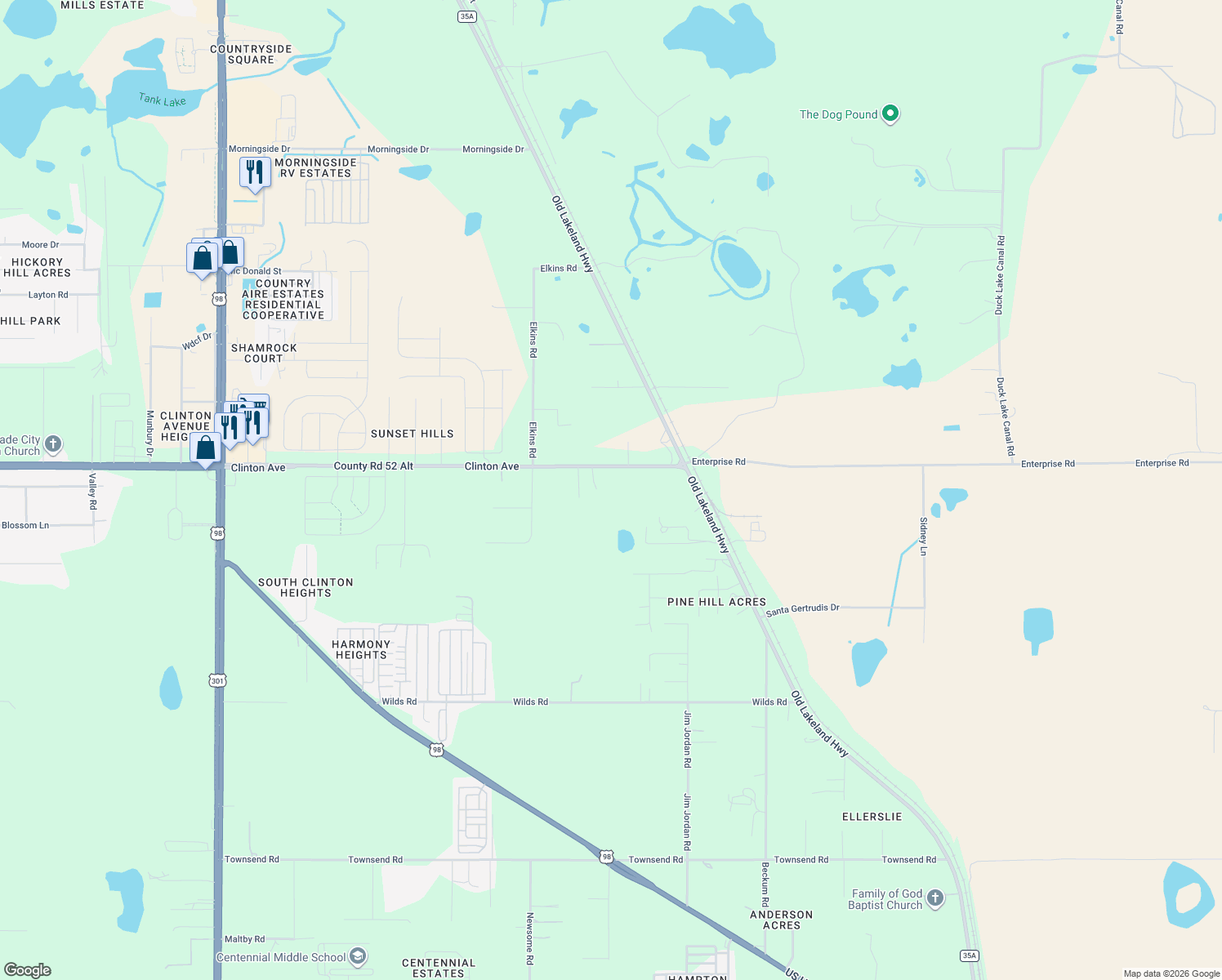 map of restaurants, bars, coffee shops, grocery stores, and more near 11704 Bur Mac Road in Dade City