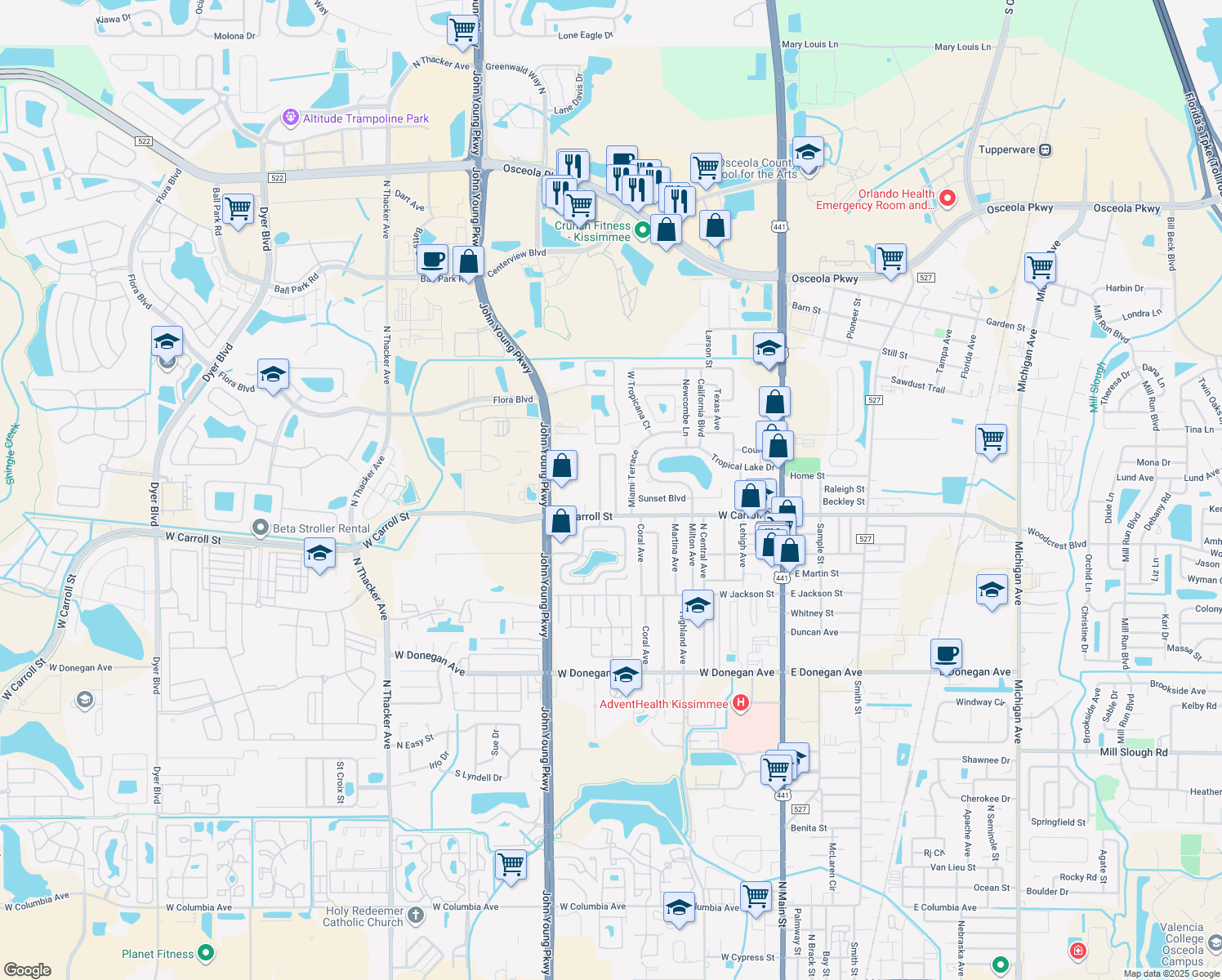 map of restaurants, bars, coffee shops, grocery stores, and more near 2712 Green Meadow Circle in Kissimmee