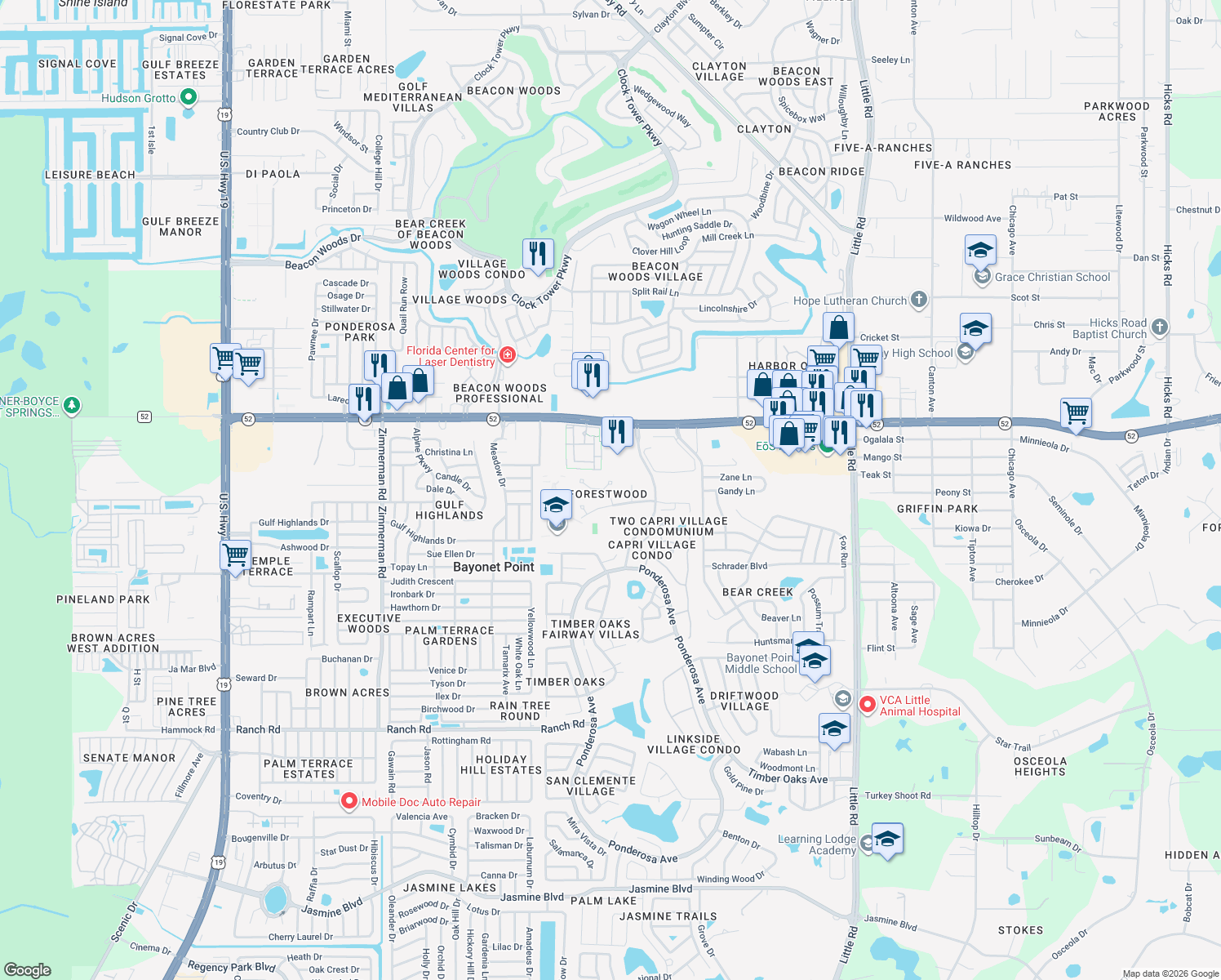 map of restaurants, bars, coffee shops, grocery stores, and more near 8202 Leafy Court in Port Richey