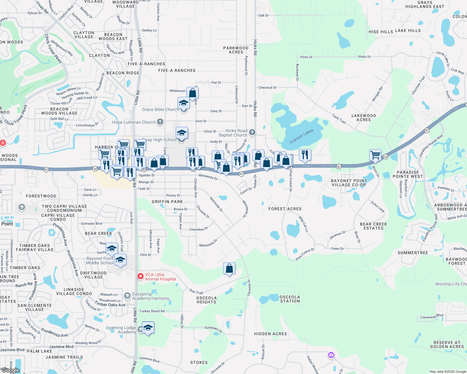 map of restaurants, bars, coffee shops, grocery stores, and more near 11820 Minnieola Drive in New Port Richey