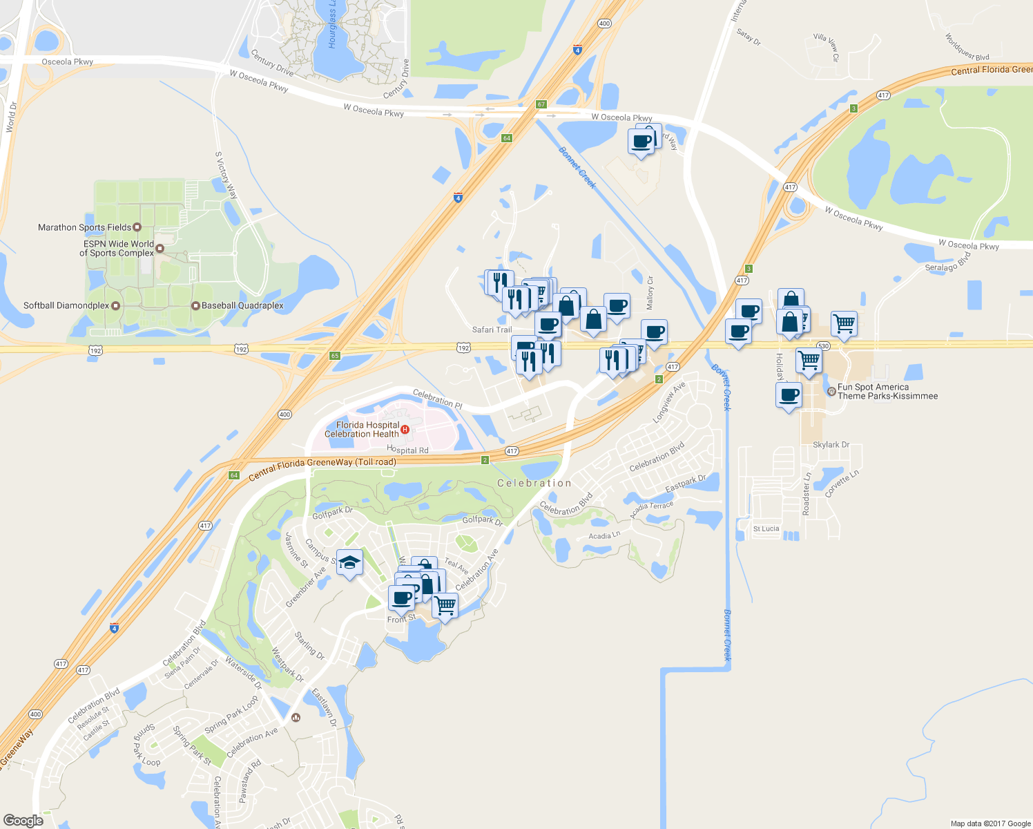 map of restaurants, bars, coffee shops, grocery stores, and more near 200 Celebration Place in Kissimmee