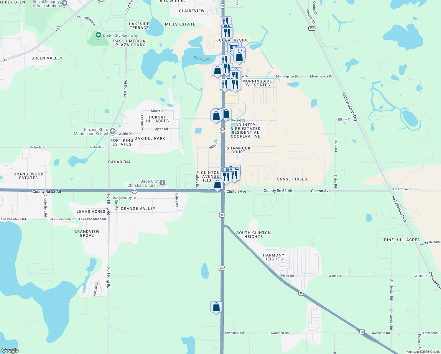 map of restaurants, bars, coffee shops, grocery stores, and more near 11853 Frontage Road in Dade City