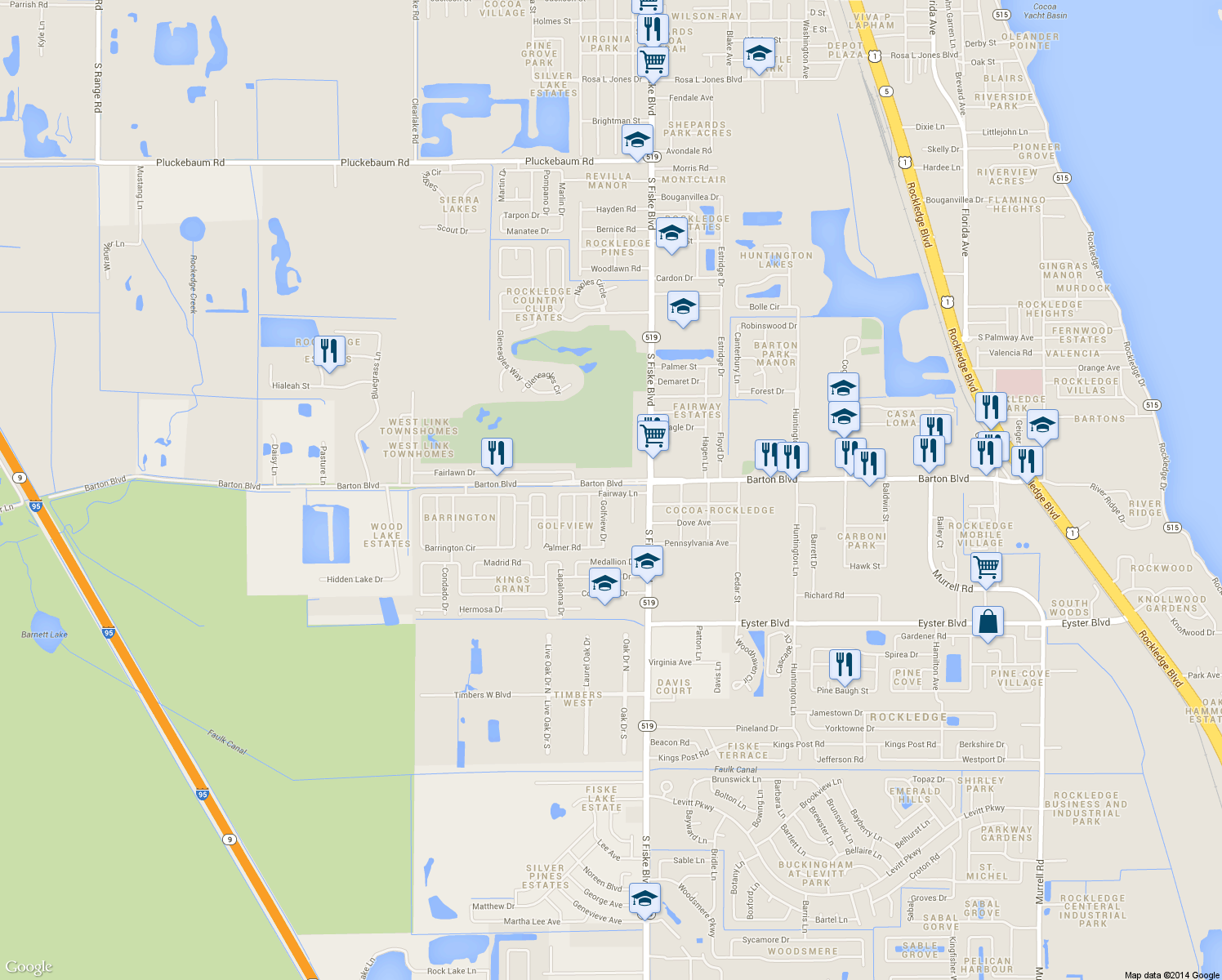 map of restaurants, bars, coffee shops, grocery stores, and more near 1012 Fairway Lane in Rockledge