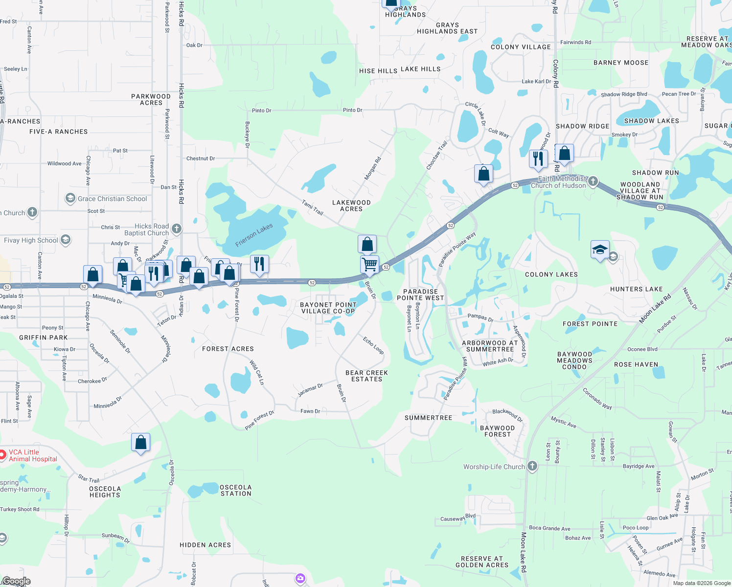 map of restaurants, bars, coffee shops, grocery stores, and more near 11931 Bruin Drive in New Port Richey