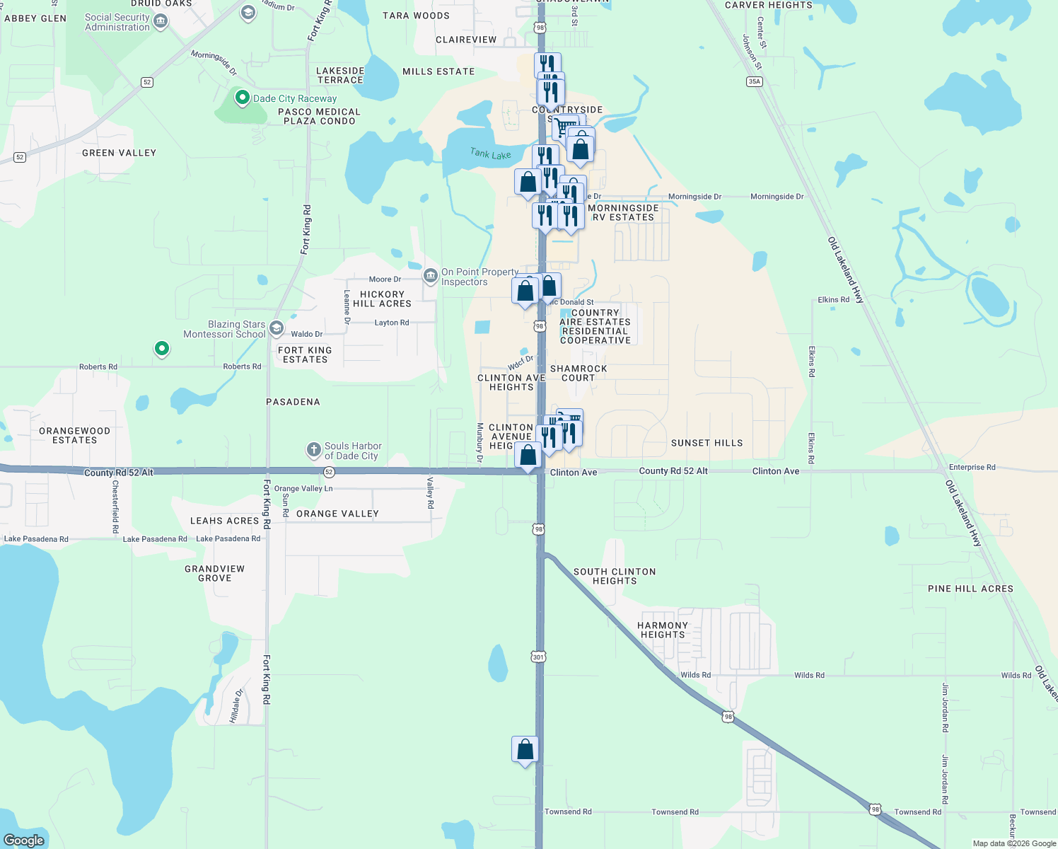 map of restaurants, bars, coffee shops, grocery stores, and more near 11907 Frontage Road in Dade City
