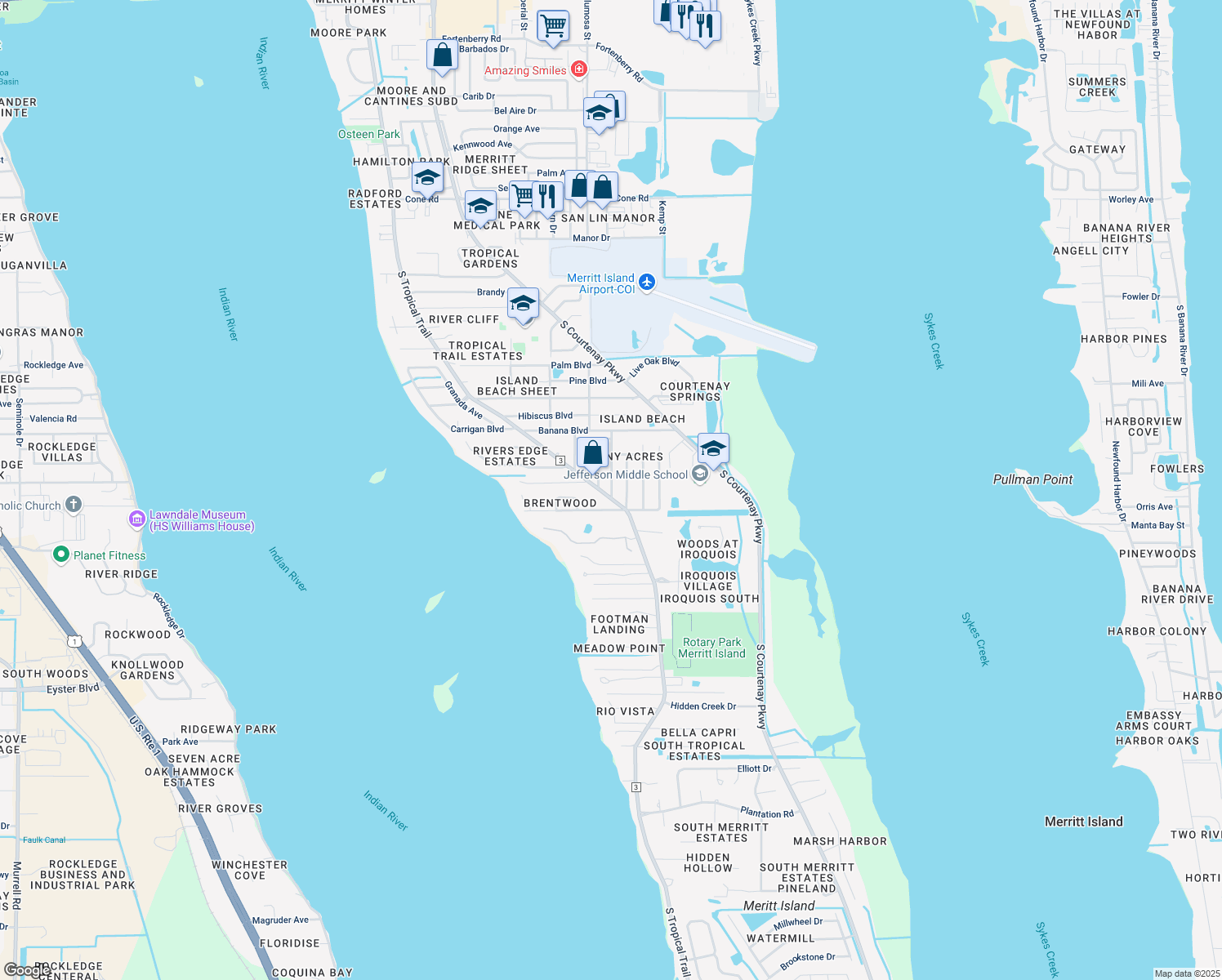 map of restaurants, bars, coffee shops, grocery stores, and more near 1355 Lynne Drive in Merritt Island