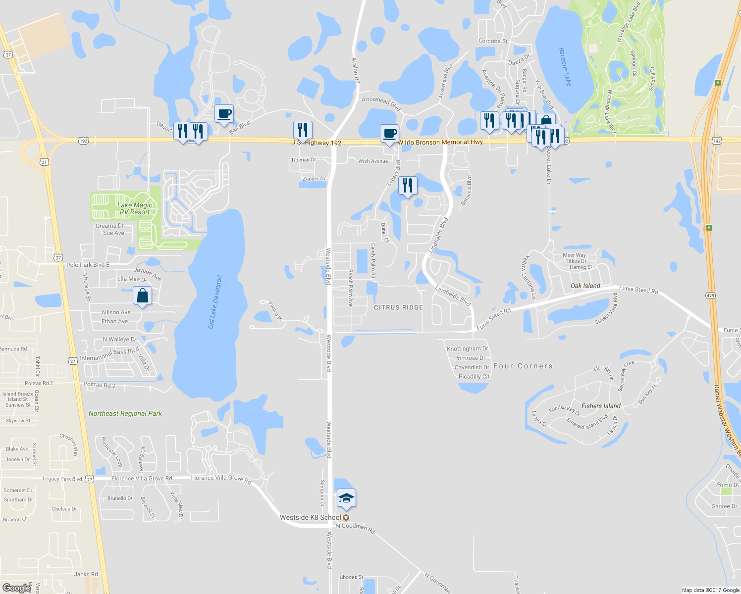 map of restaurants, bars, coffee shops, grocery stores, and more near 2999 Buccaneer Palm Road in Kissimmee
