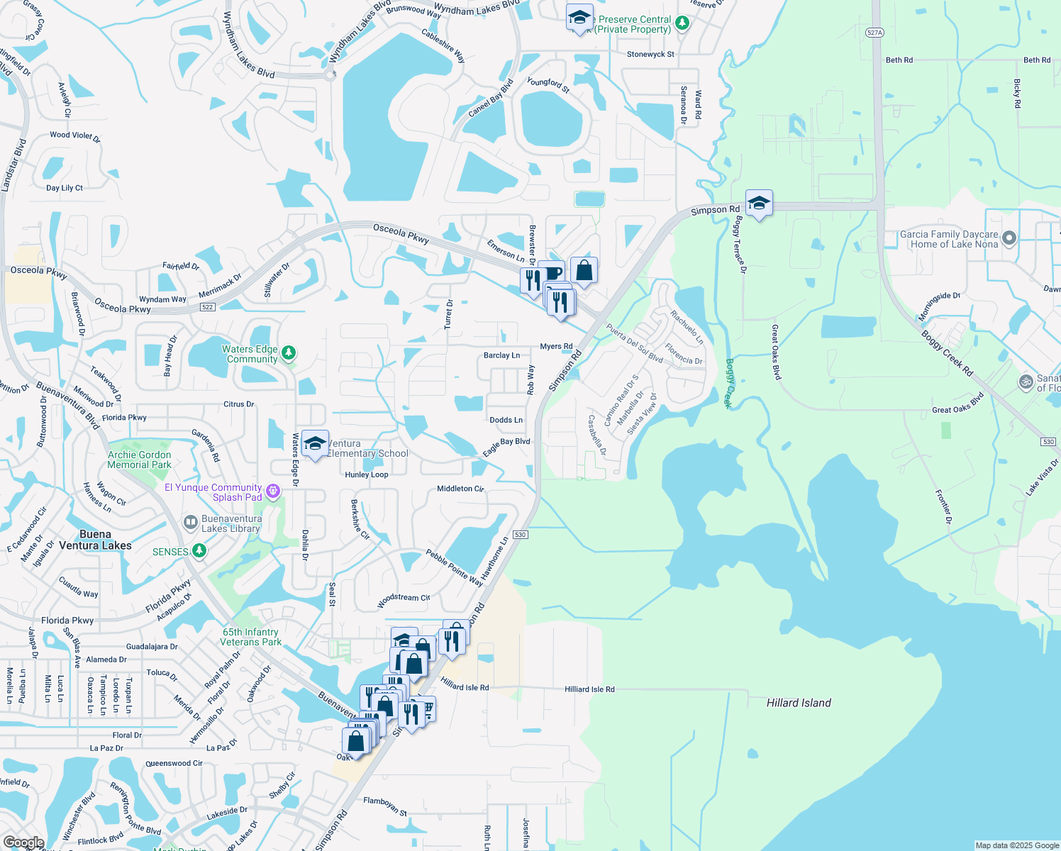 map of restaurants, bars, coffee shops, grocery stores, and more near 2965 Tomorrow Drive in Kissimmee