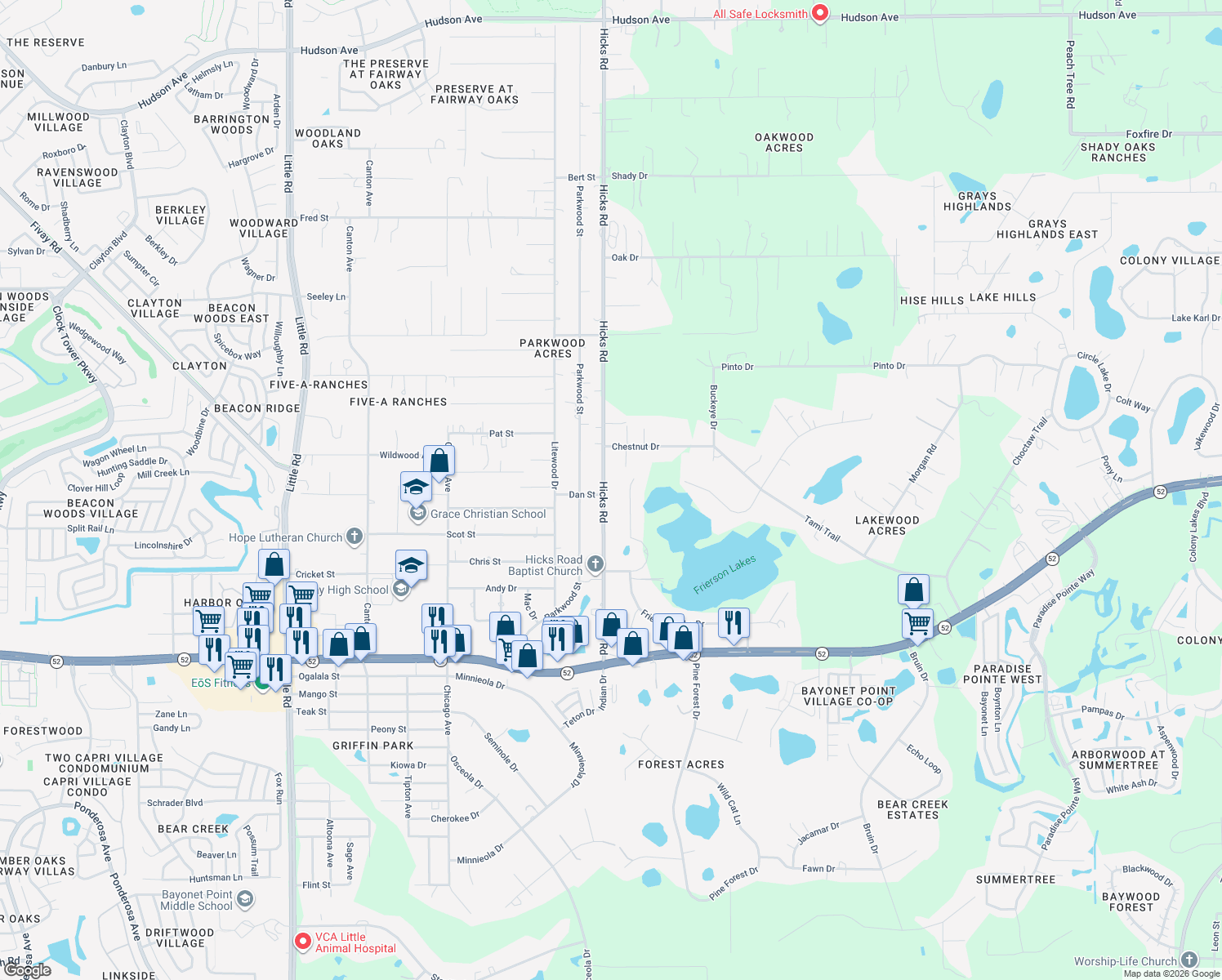 map of restaurants, bars, coffee shops, grocery stores, and more near 12506 Hicks Road in Hudson