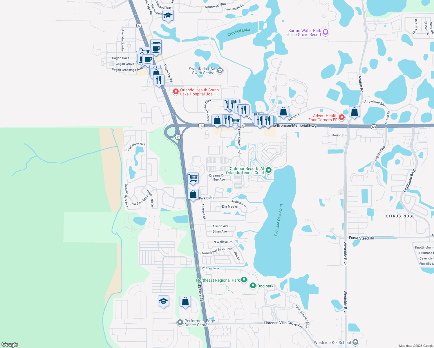 map of restaurants, bars, coffee shops, grocery stores, and more near 464 Dreama Drive in Davenport
