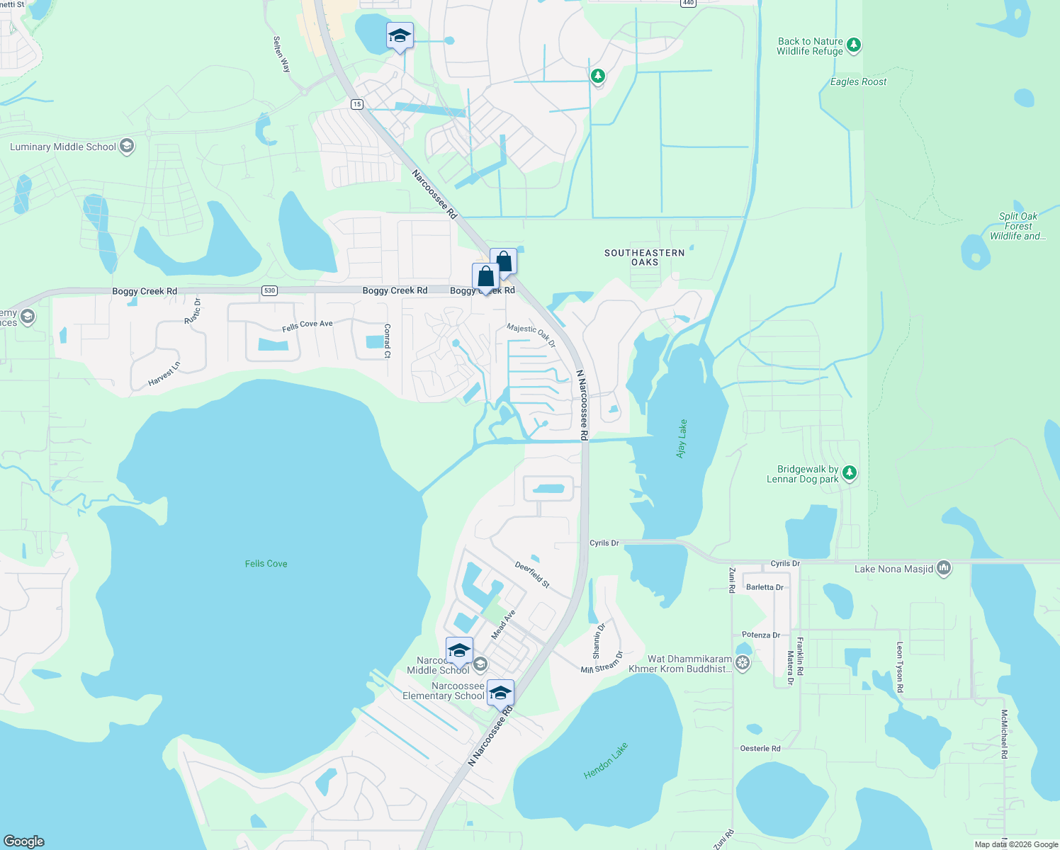 map of restaurants, bars, coffee shops, grocery stores, and more near 5366 Majestic Oak Circle in Saint Cloud