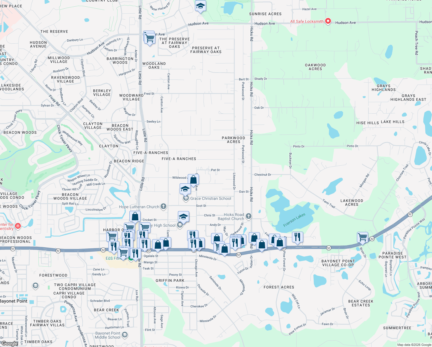 map of restaurants, bars, coffee shops, grocery stores, and more near 9634 Pat Street in Hudson
