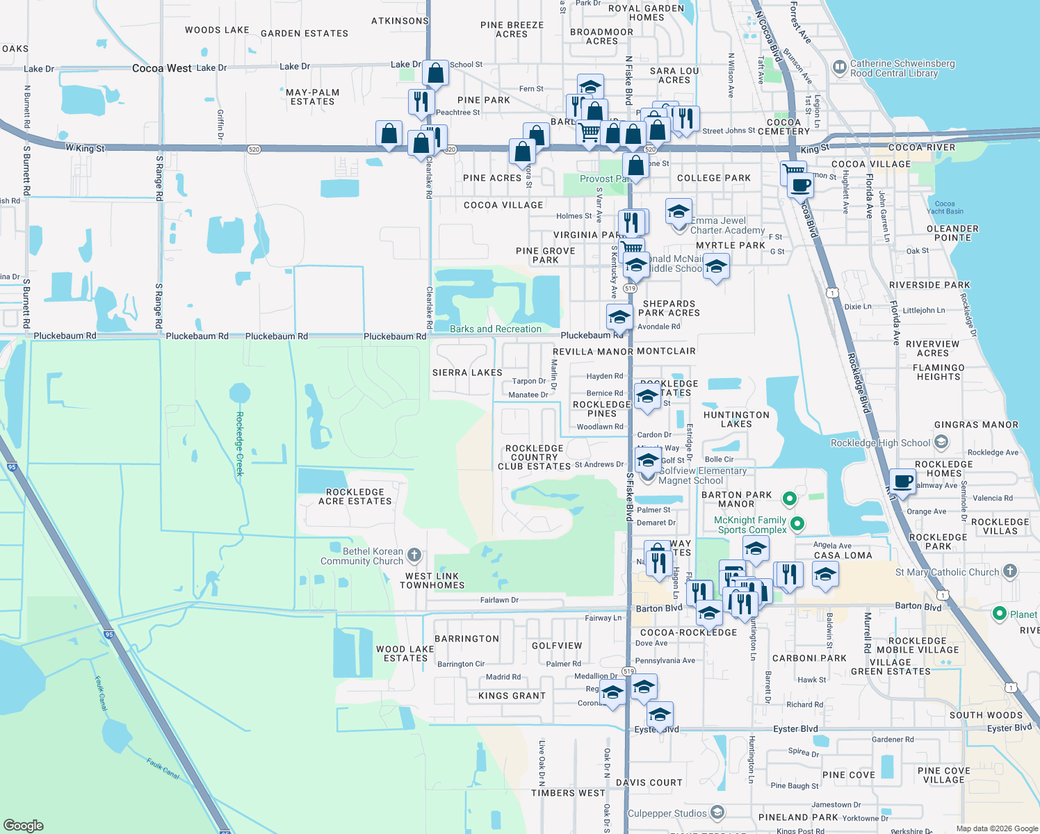 map of restaurants, bars, coffee shops, grocery stores, and more near 1273 Royal Birkdale Court in Rockledge