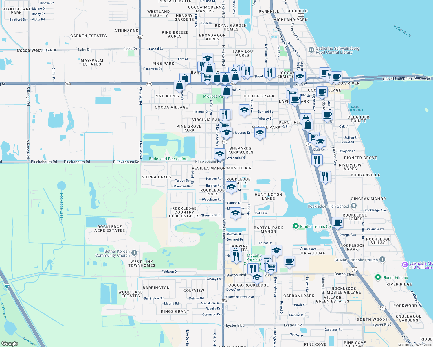 map of restaurants, bars, coffee shops, grocery stores, and more near 1109 South Fiske Boulevard in Rockledge