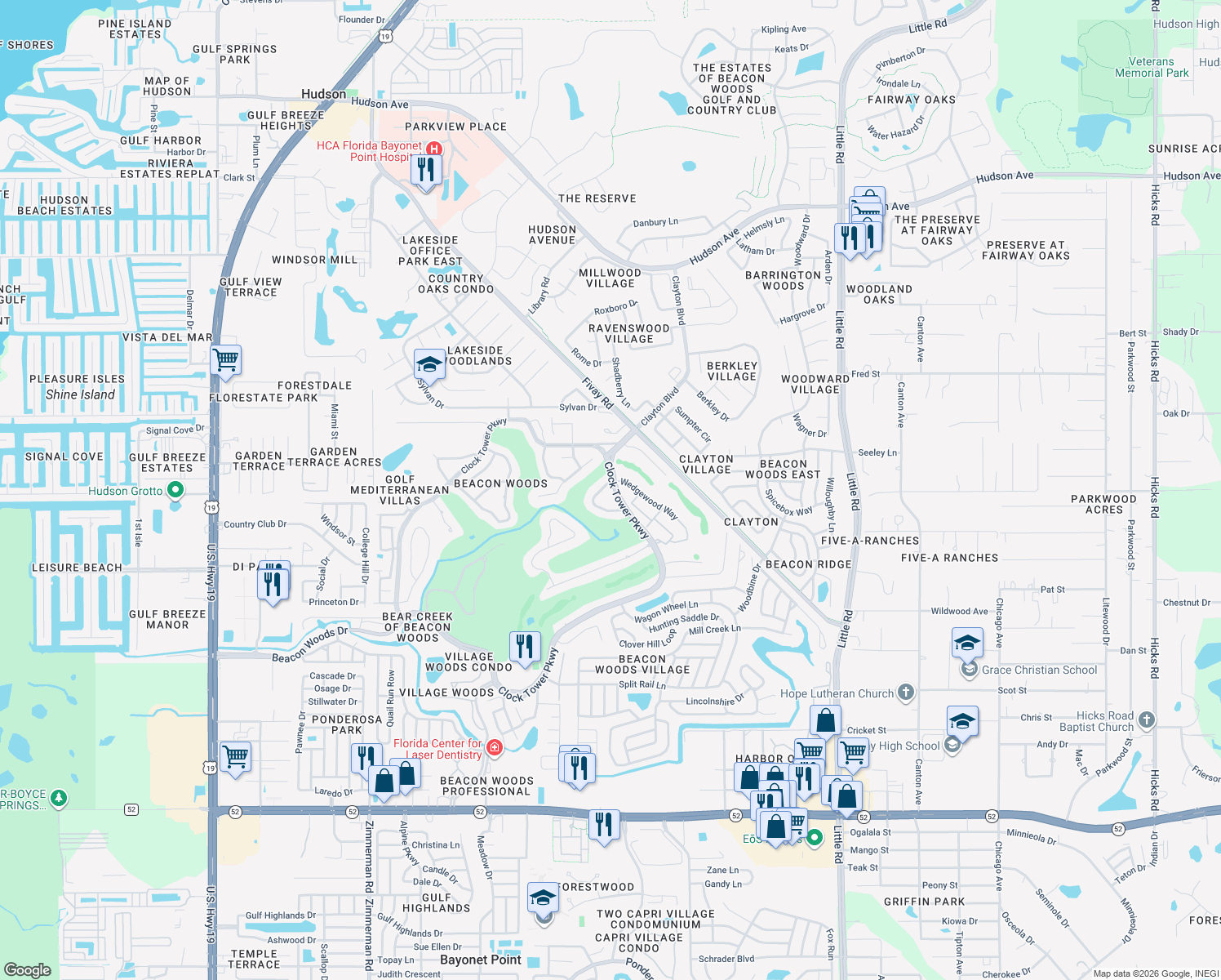 map of restaurants, bars, coffee shops, grocery stores, and more near 13016 Club Drive in Hudson