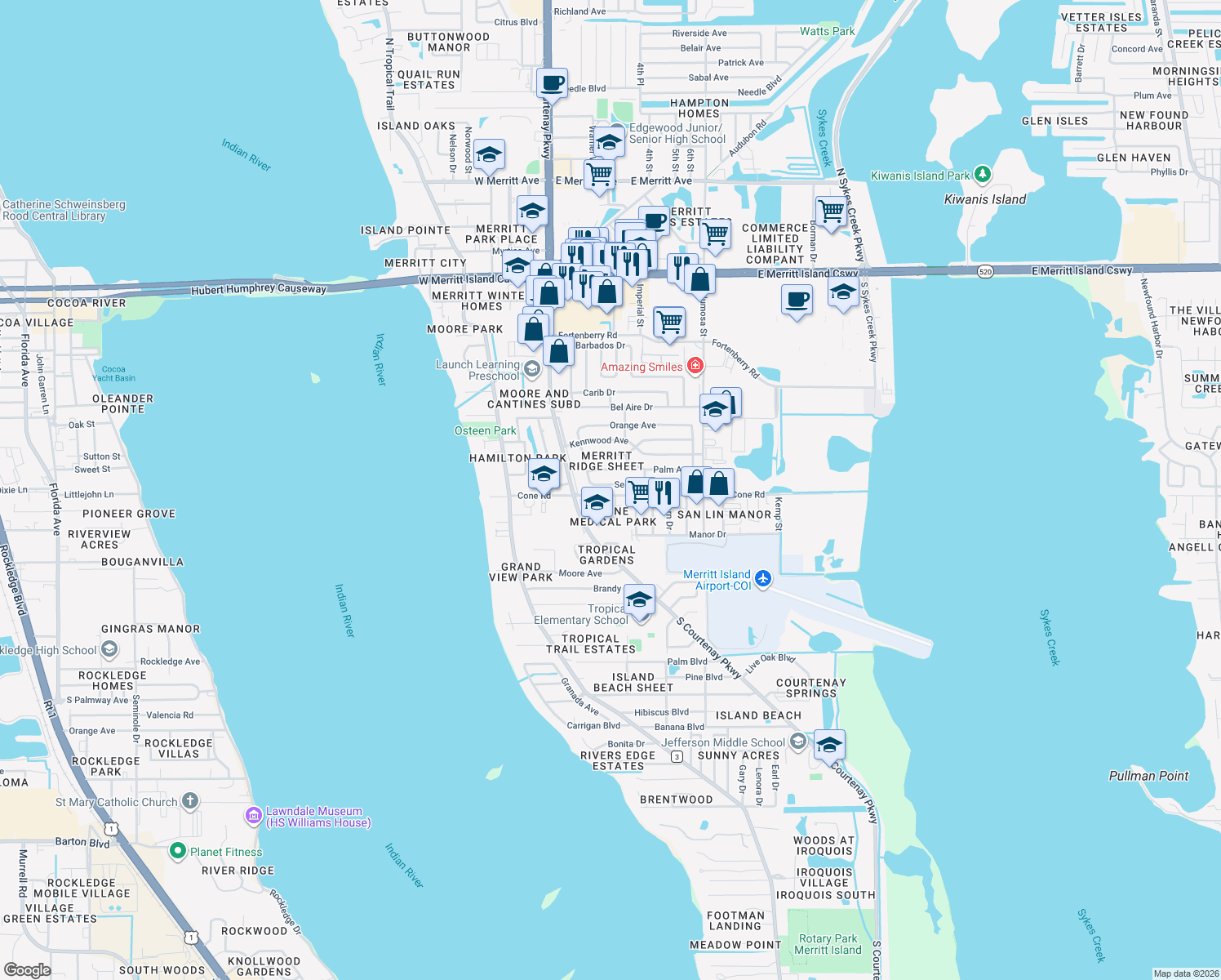 map of restaurants, bars, coffee shops, grocery stores, and more near 493 Seacrest Avenue in Merritt Island