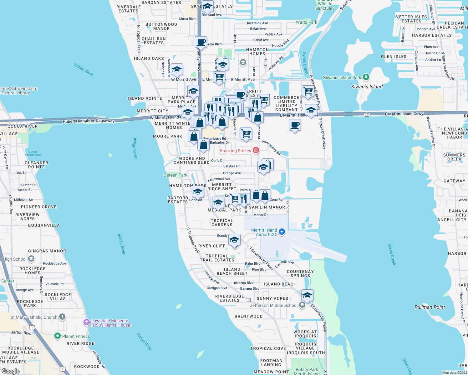 map of restaurants, bars, coffee shops, grocery stores, and more near 504 Palm Avenue in Merritt Island