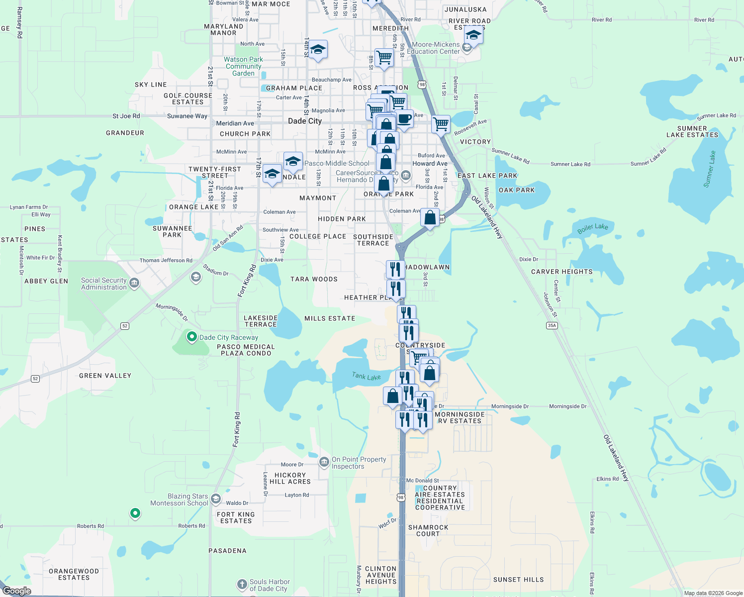 map of restaurants, bars, coffee shops, grocery stores, and more near 37821 Willingham Avenue in Dade City