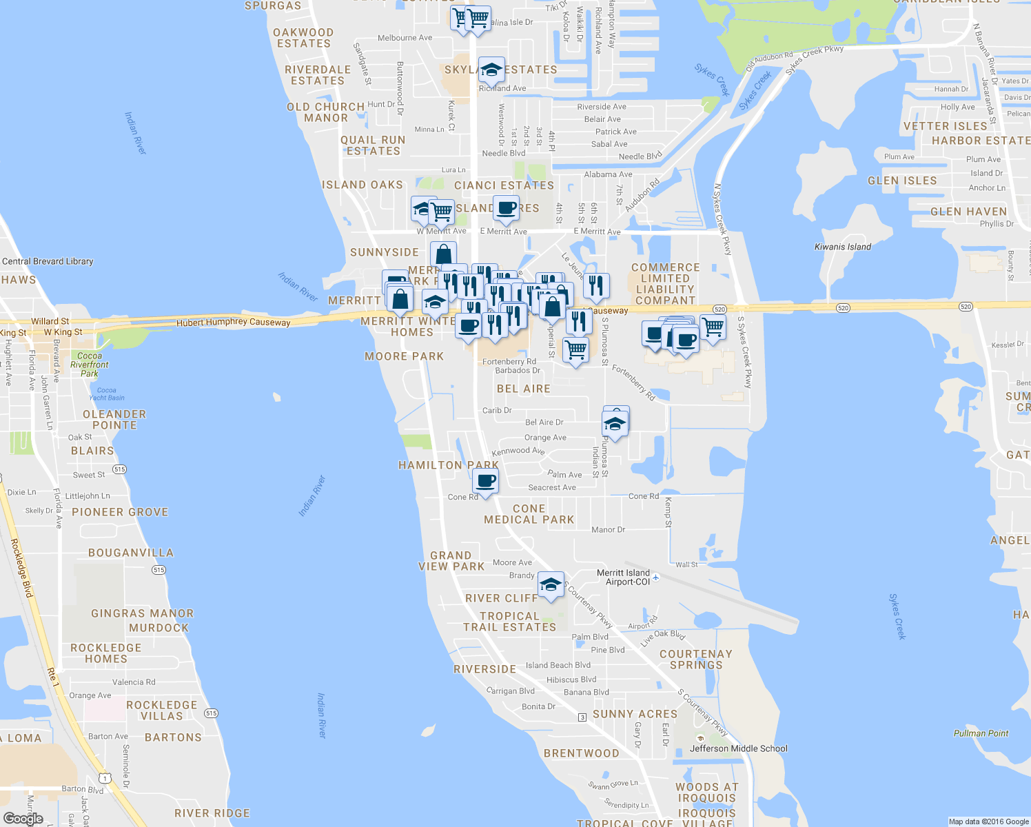map of restaurants, bars, coffee shops, grocery stores, and more near 115 Carib Drive in Merritt Island