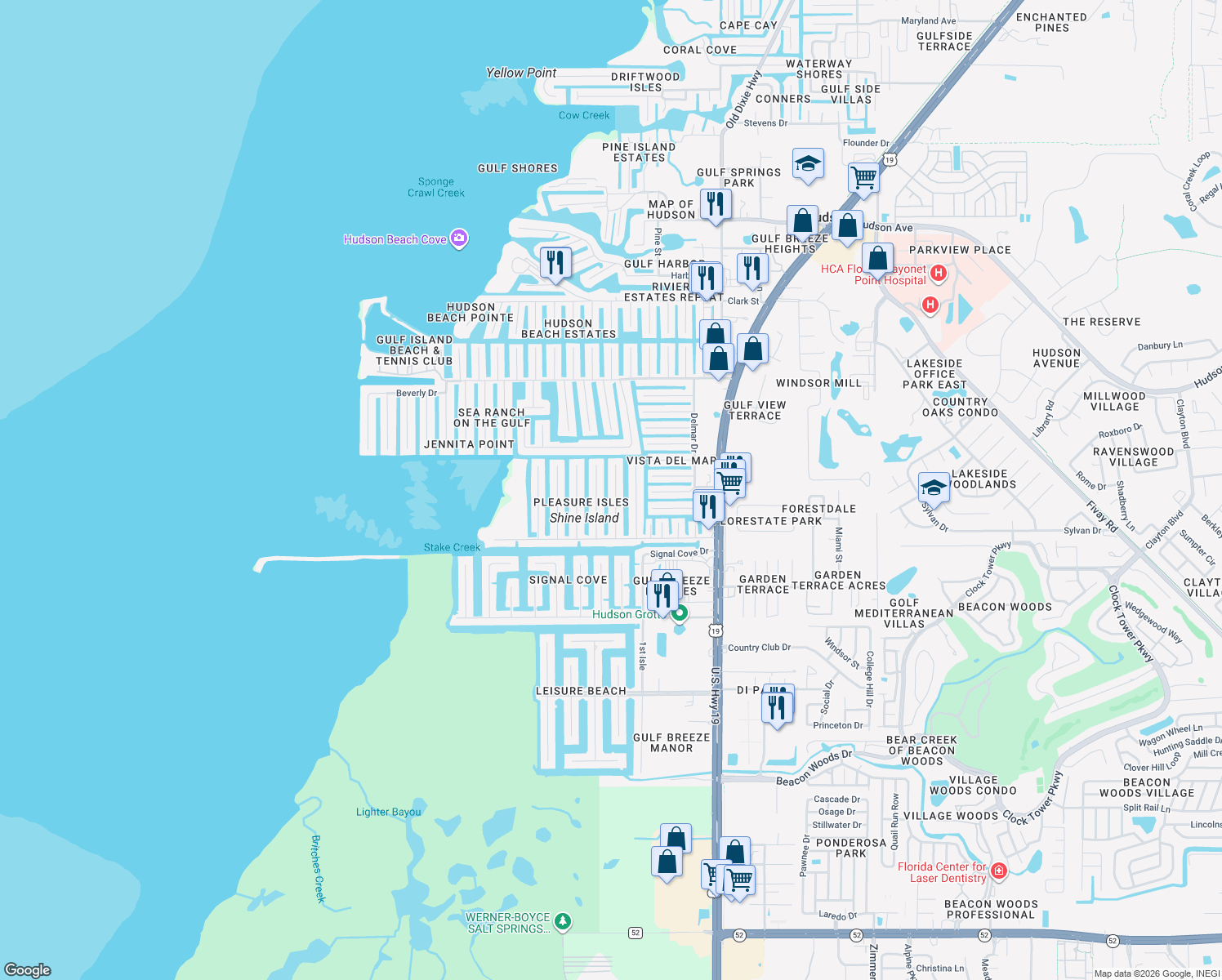 map of restaurants, bars, coffee shops, grocery stores, and more near 13401 Neptune Drive in Hudson