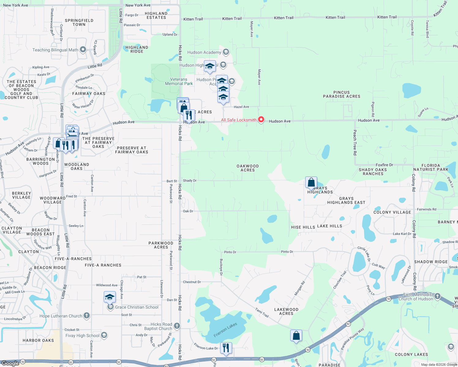 map of restaurants, bars, coffee shops, grocery stores, and more near 10342 Shady Drive in Hudson