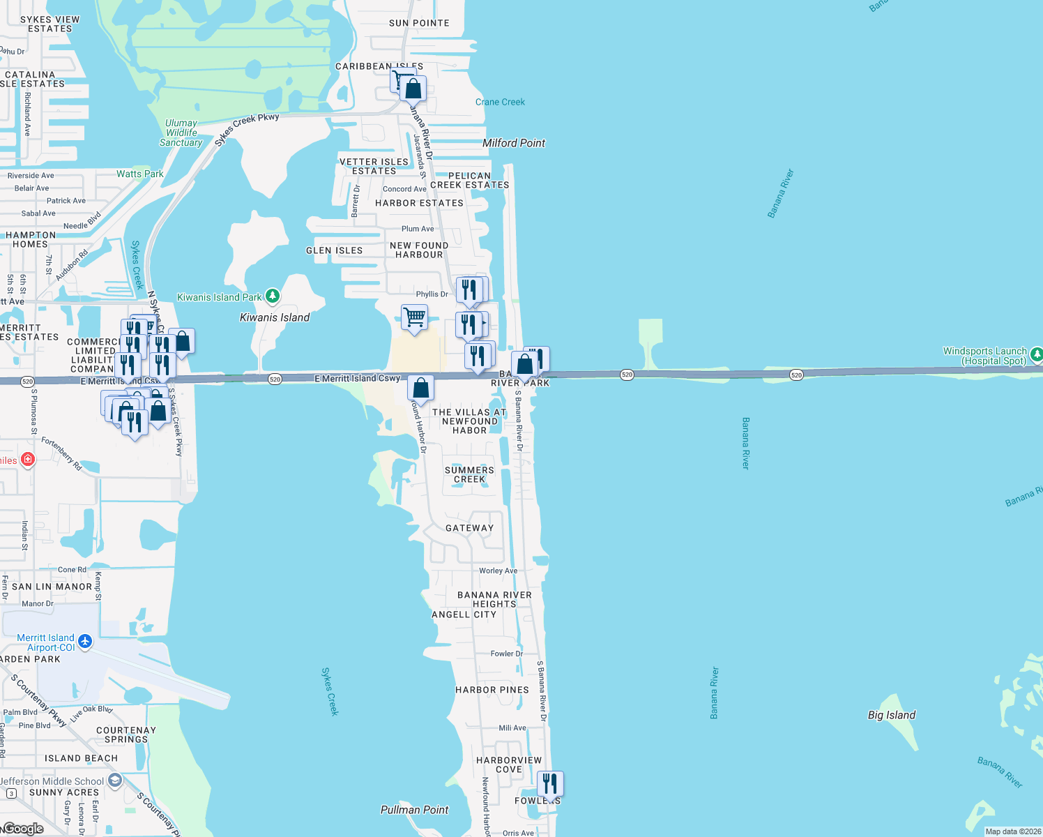 map of restaurants, bars, coffee shops, grocery stores, and more near 135 South Banana River Drive in Merritt Island