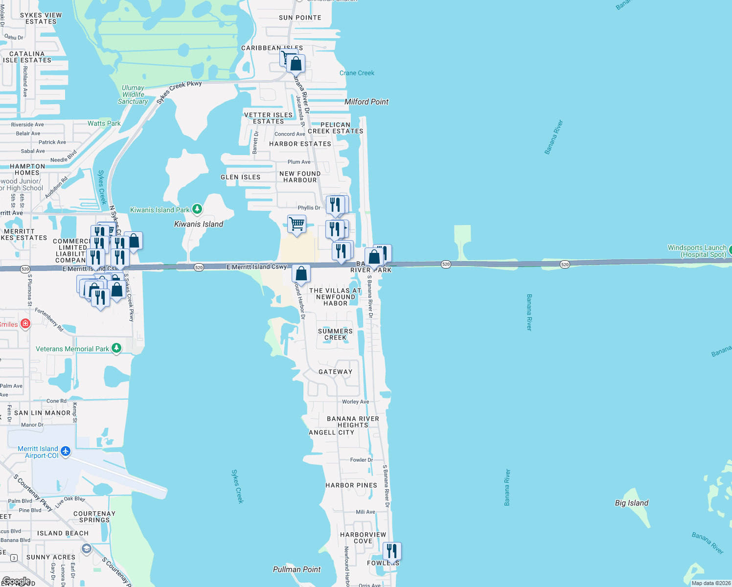 map of restaurants, bars, coffee shops, grocery stores, and more near 135 South Banana River Drive in Merritt Island