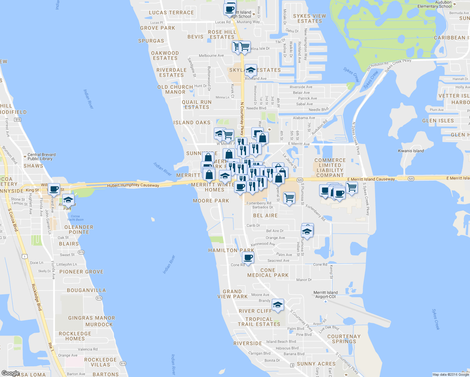 map of restaurants, bars, coffee shops, grocery stores, and more near 130 Magnolia Avenue in Merritt Island