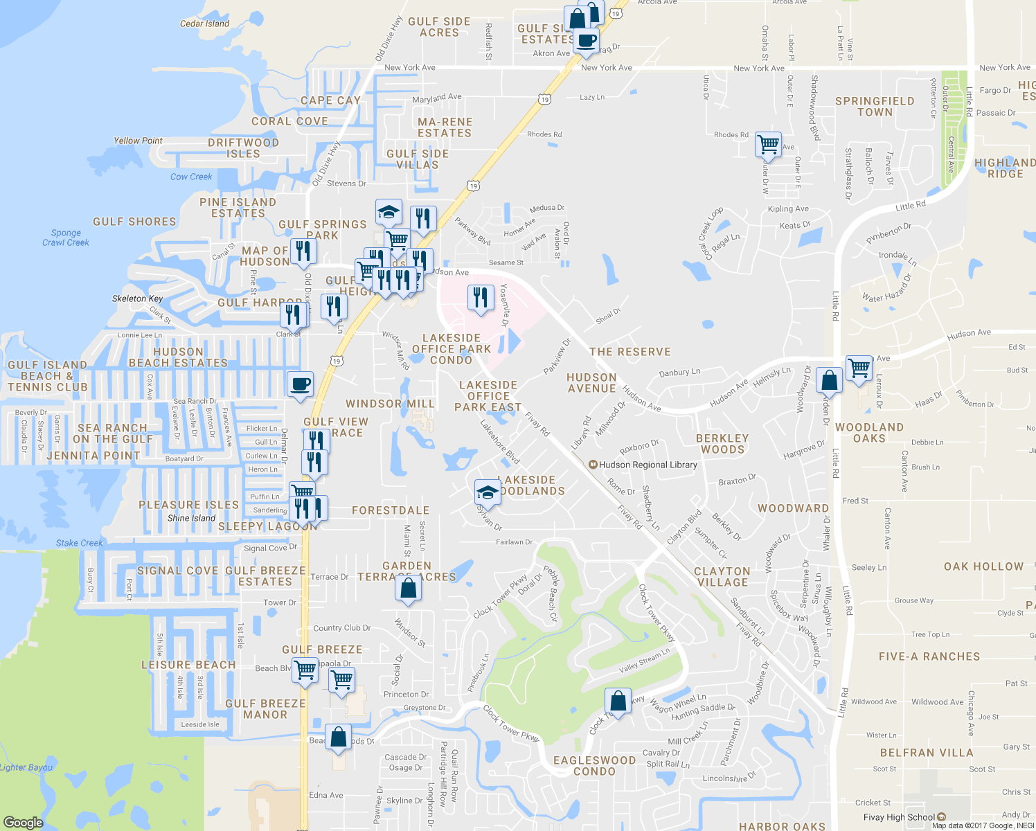 map of restaurants, bars, coffee shops, grocery stores, and more near 7737 Eureka Drive in Hudson