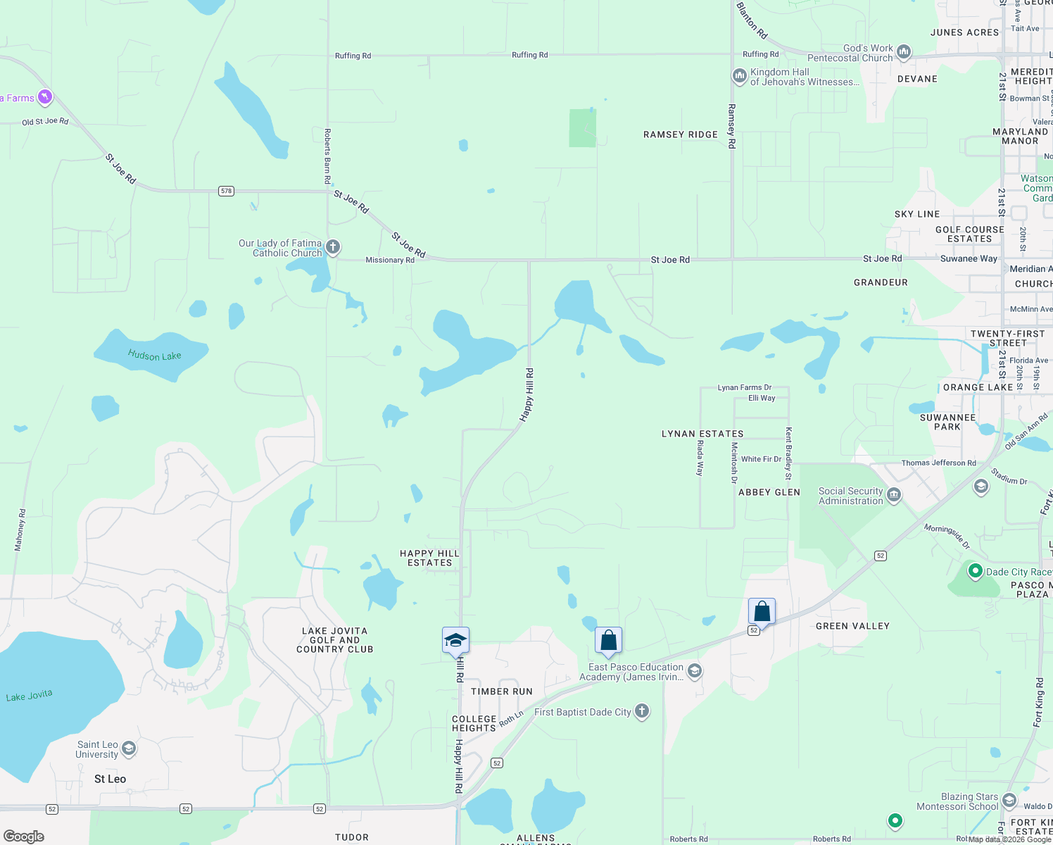 map of restaurants, bars, coffee shops, grocery stores, and more near 13624 Happy Hill Road in Dade City
