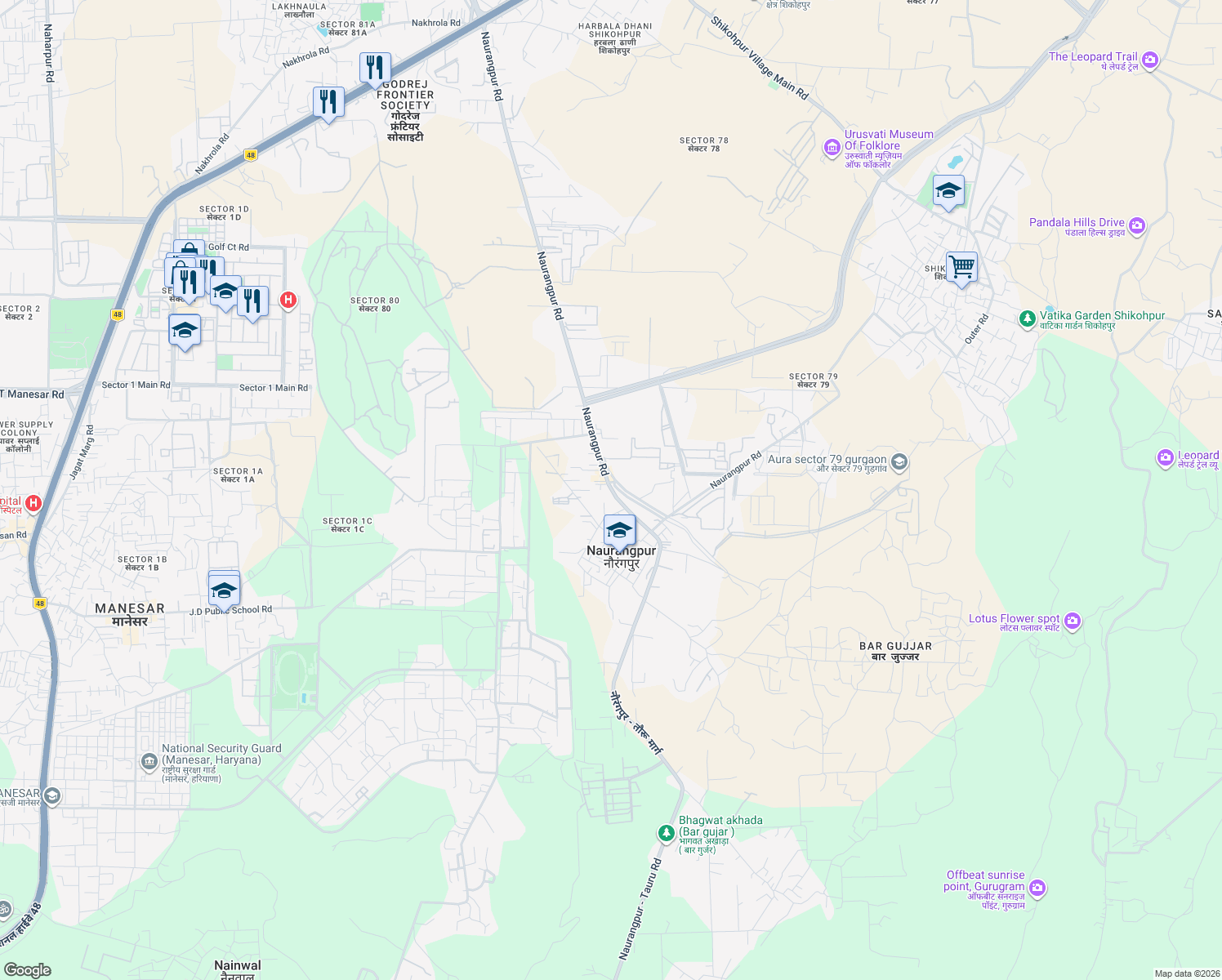 map of restaurants, bars, coffee shops, grocery stores, and more near TO Naurangpur Village in Gurgaon