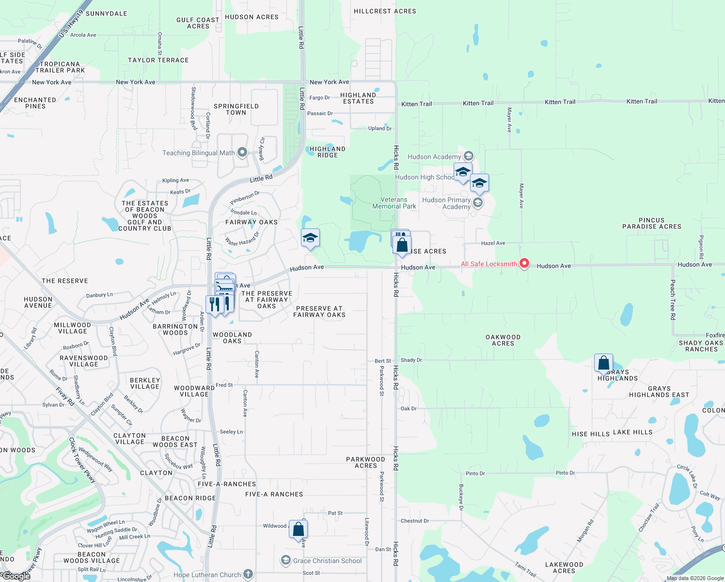 map of restaurants, bars, coffee shops, grocery stores, and more near 9811 Bud Street in Hudson