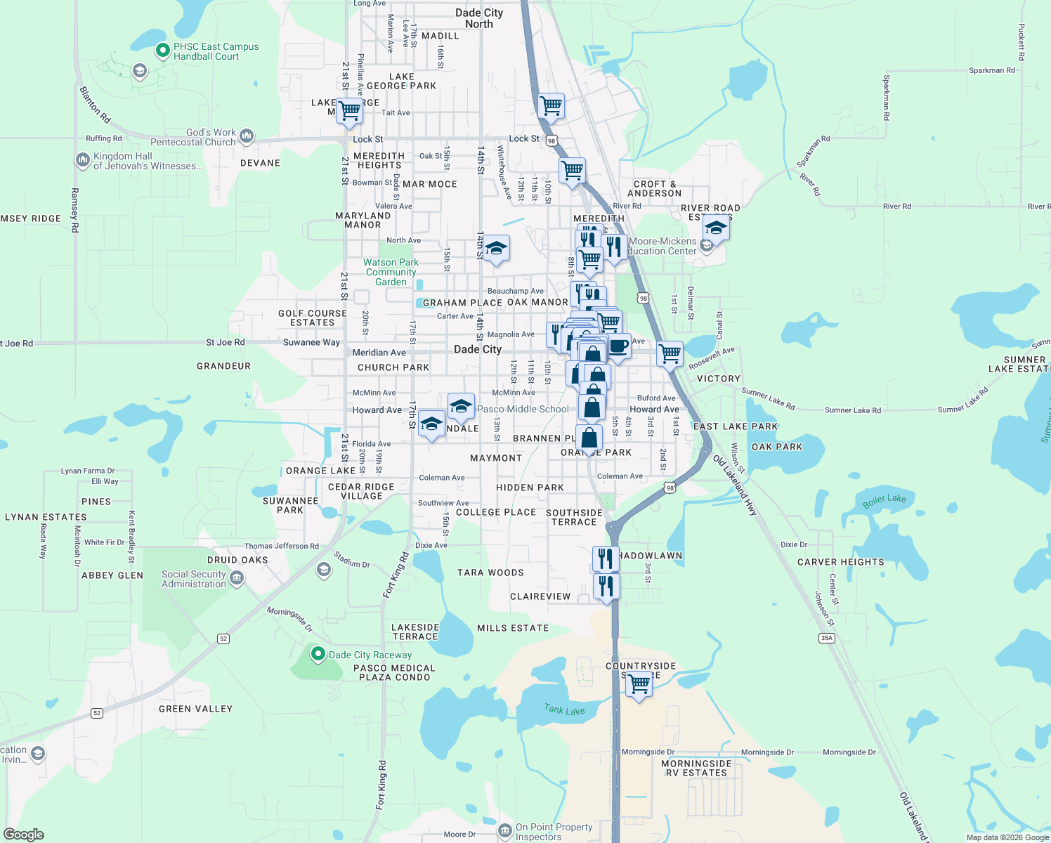 map of restaurants, bars, coffee shops, grocery stores, and more near 37641 Hendley Avenue in Dade City