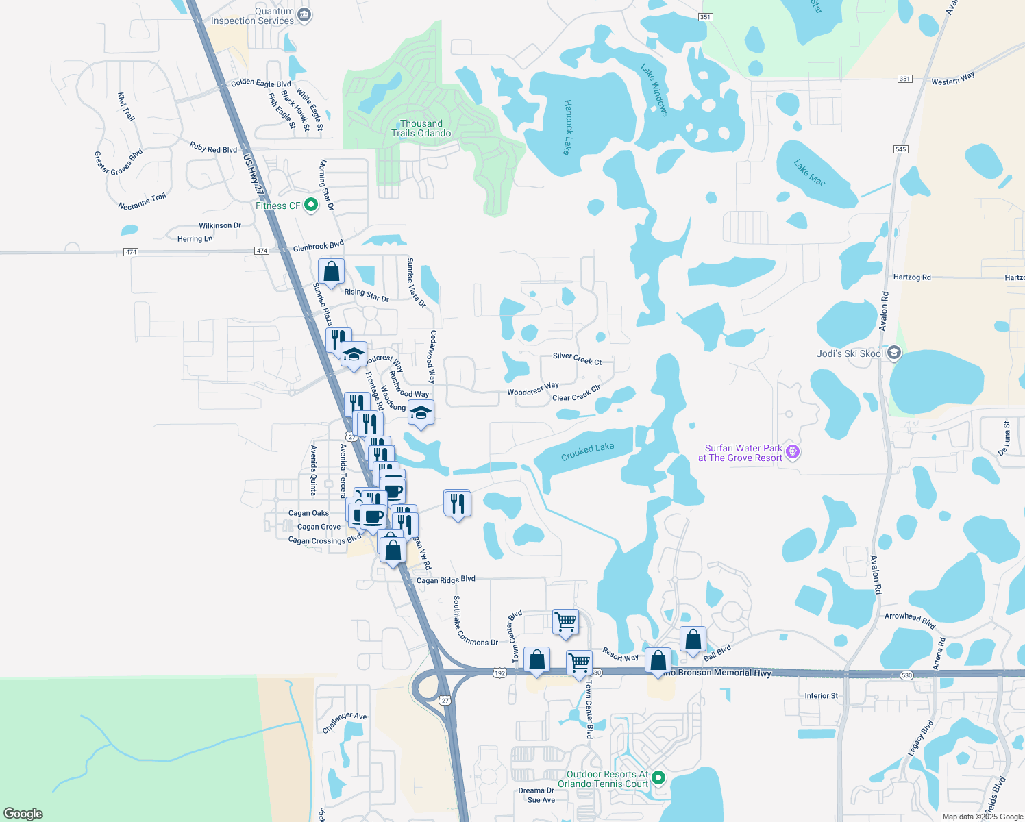 map of restaurants, bars, coffee shops, grocery stores, and more near 1025 Winding Water Way in Clermont