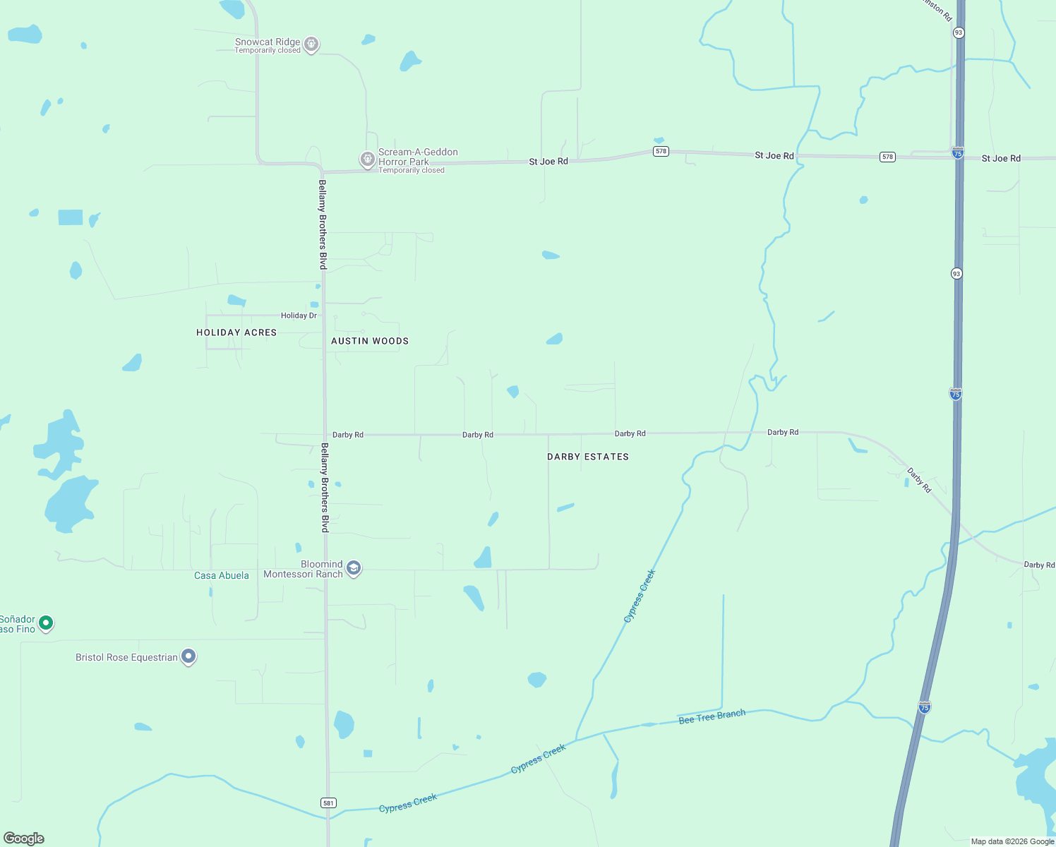 map of restaurants, bars, coffee shops, grocery stores, and more near 28415 Darby Road in Dade City