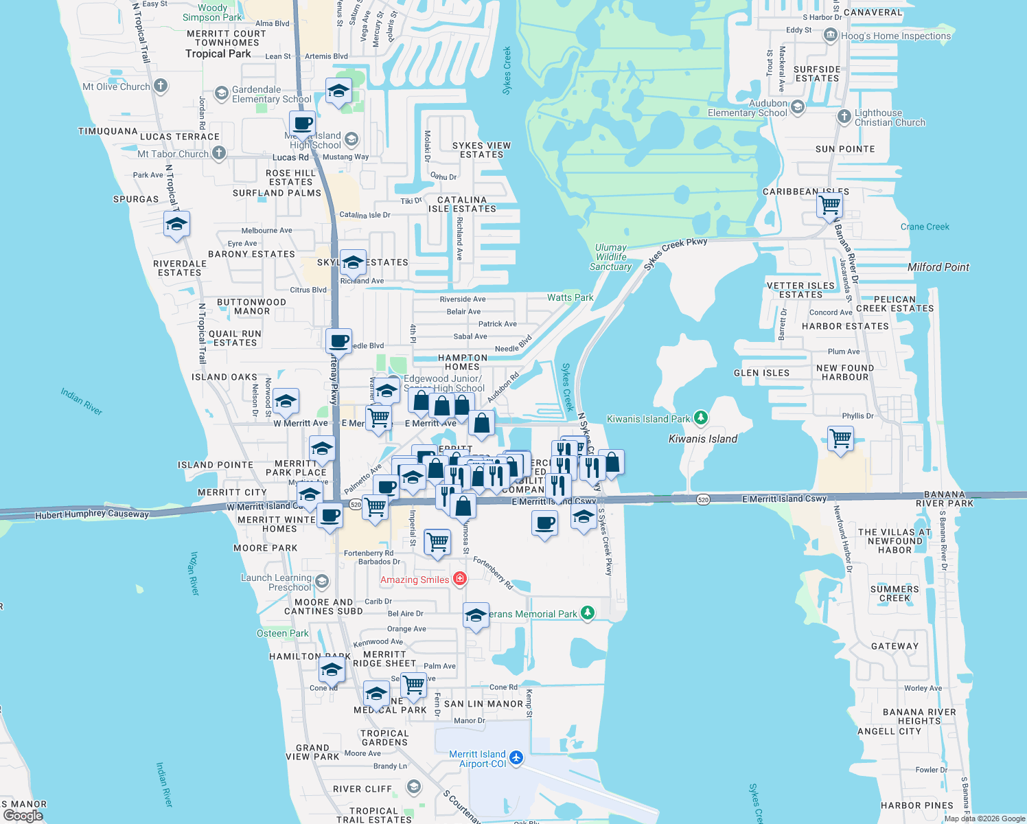 map of restaurants, bars, coffee shops, grocery stores, and more near 820 Del Rio Way in Merritt Island