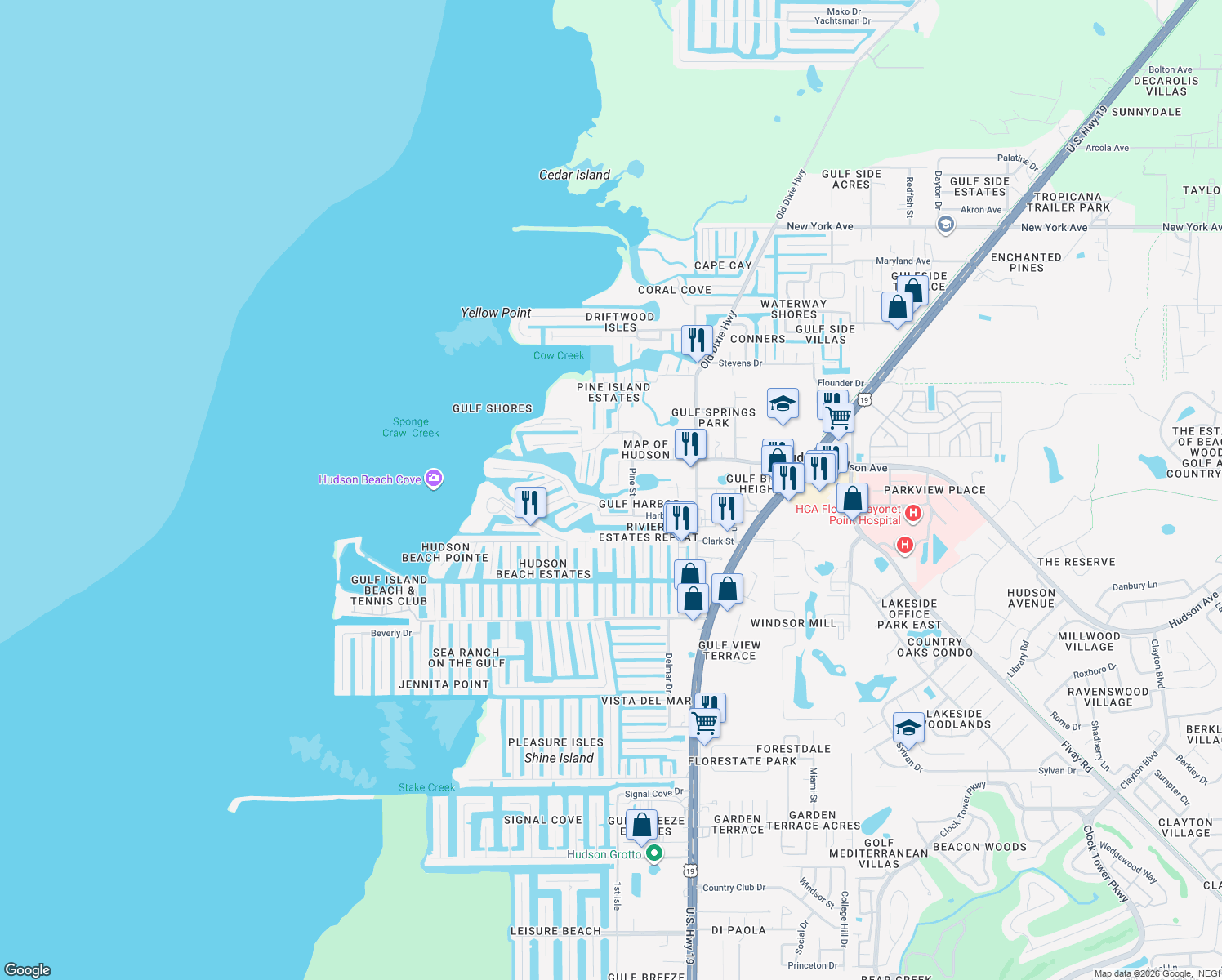 map of restaurants, bars, coffee shops, grocery stores, and more near 14124 Kulig Court in Hudson
