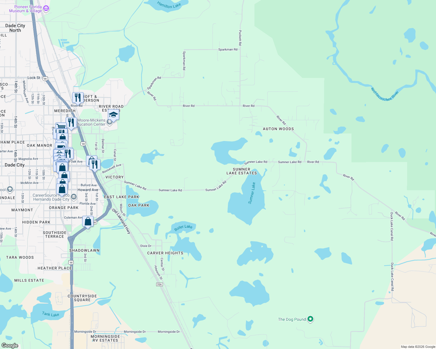 map of restaurants, bars, coffee shops, grocery stores, and more near 39349 Sumner Lake Road in Dade City