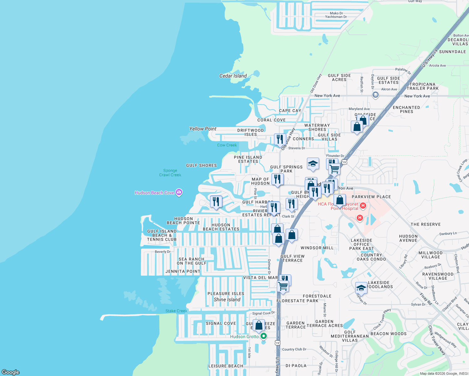 map of restaurants, bars, coffee shops, grocery stores, and more near 14217 Hendry Court in Hudson