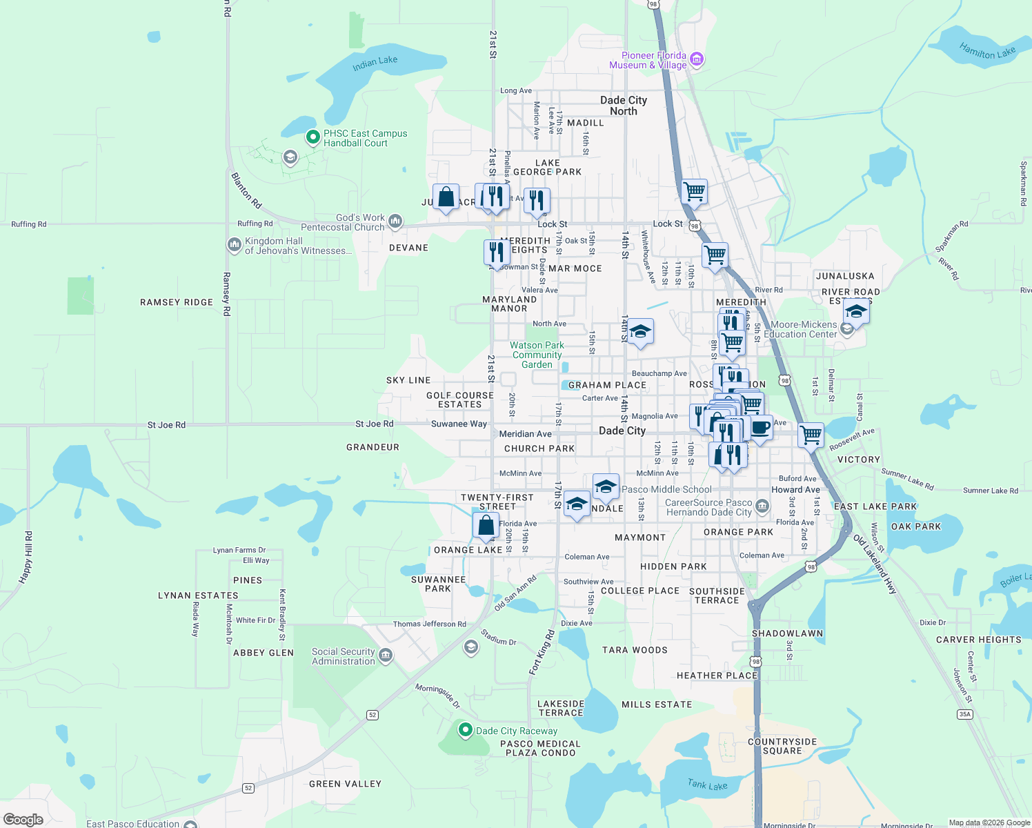 map of restaurants, bars, coffee shops, grocery stores, and more near 14244 20th Street in Dade City