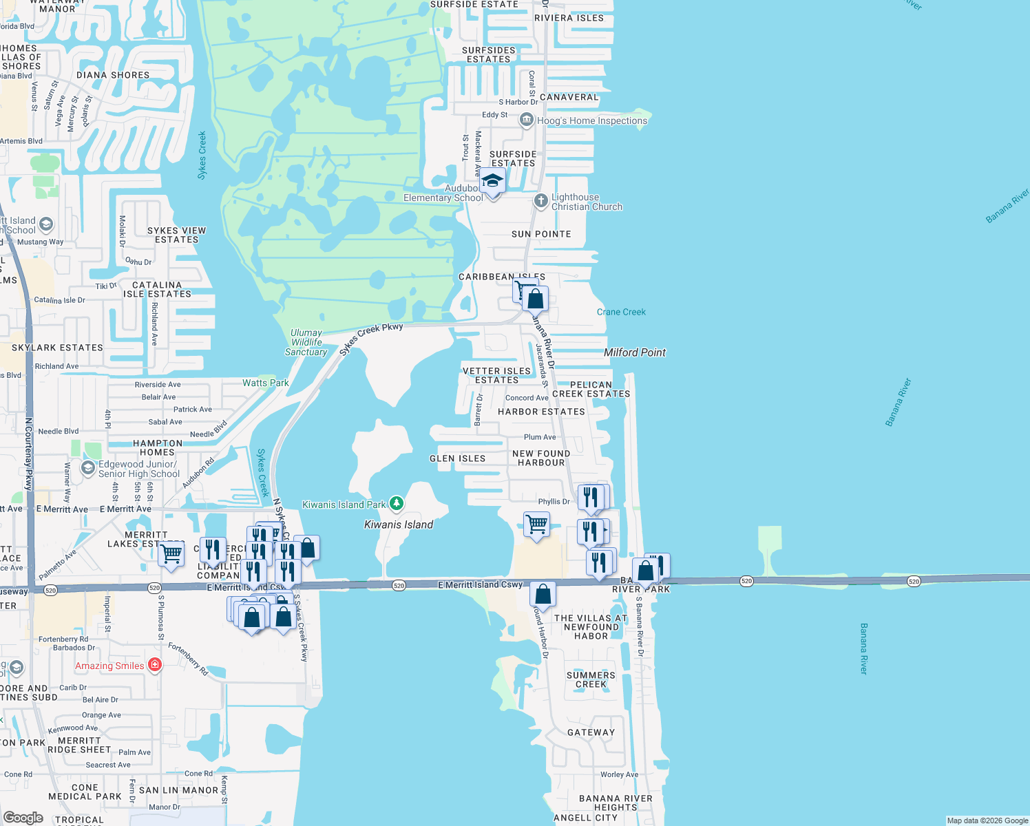 map of restaurants, bars, coffee shops, grocery stores, and more near 1465 Cunningham Avenue in Merritt Island