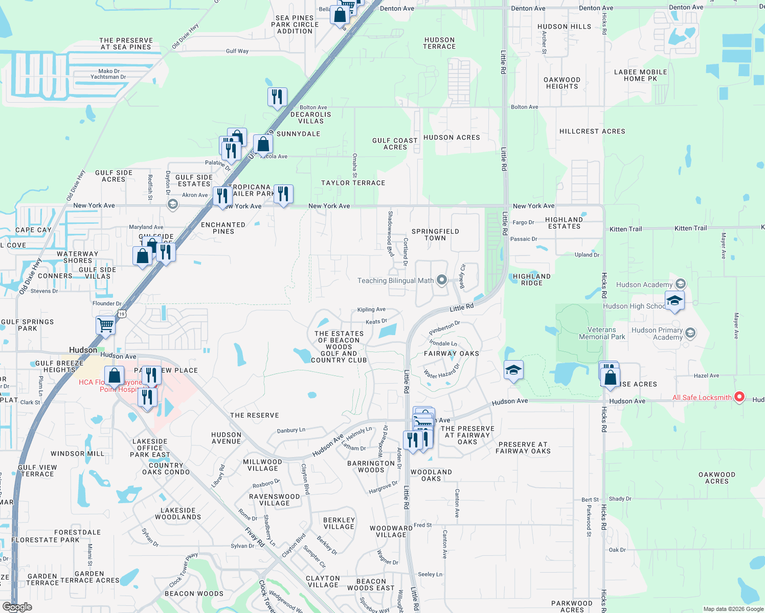 map of restaurants, bars, coffee shops, grocery stores, and more near 8841 Kipling Avenue in Hudson