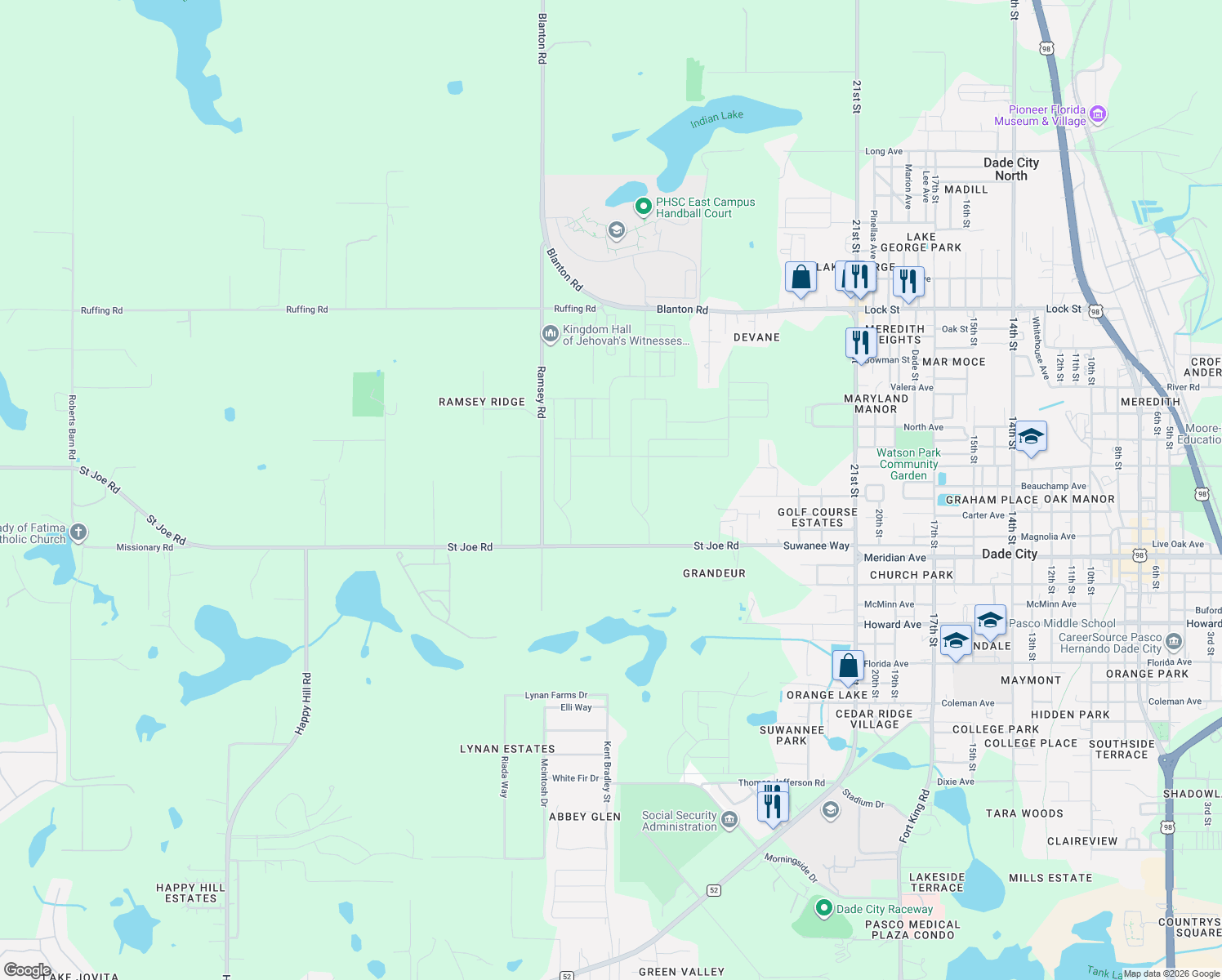 map of restaurants, bars, coffee shops, grocery stores, and more near 36221 Saint Joe Road in Dade City