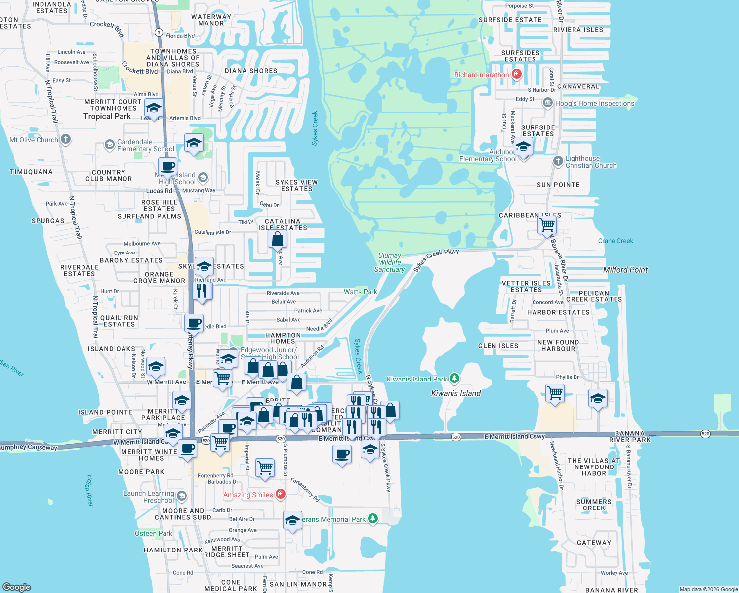 map of restaurants, bars, coffee shops, grocery stores, and more near 1165 Audubon Road in Merritt Island