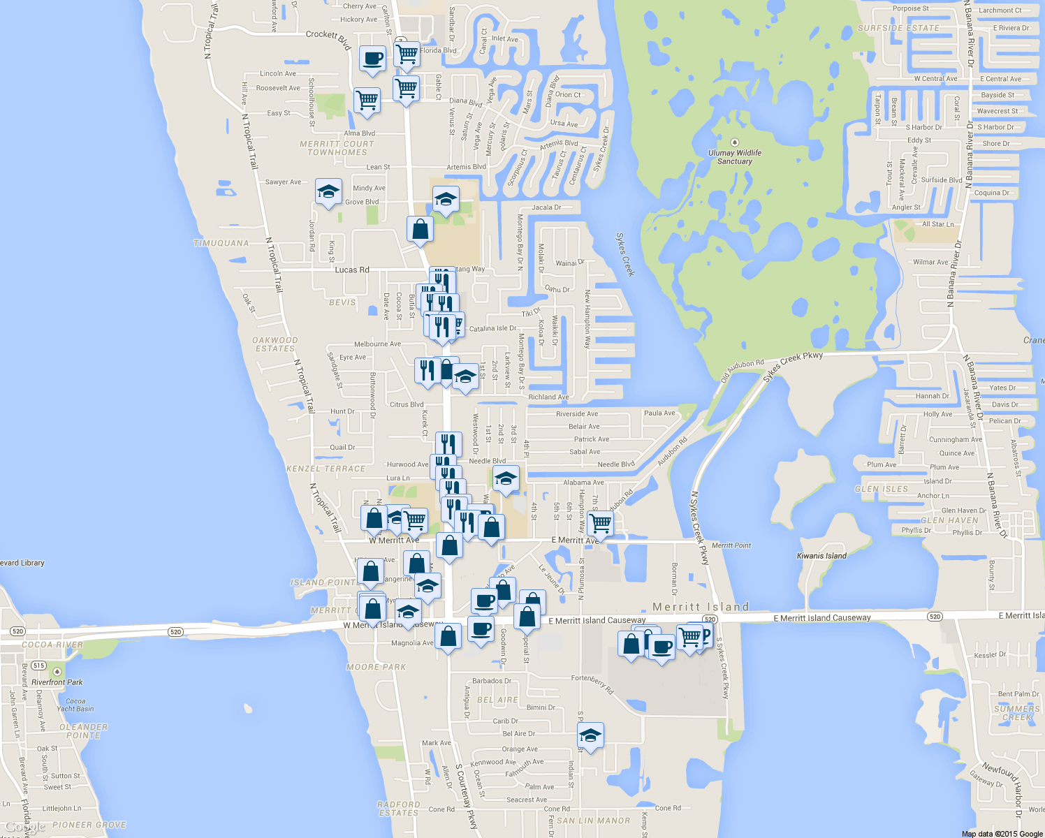 map of restaurants, bars, coffee shops, grocery stores, and more near 421 4th Place in Merritt Island