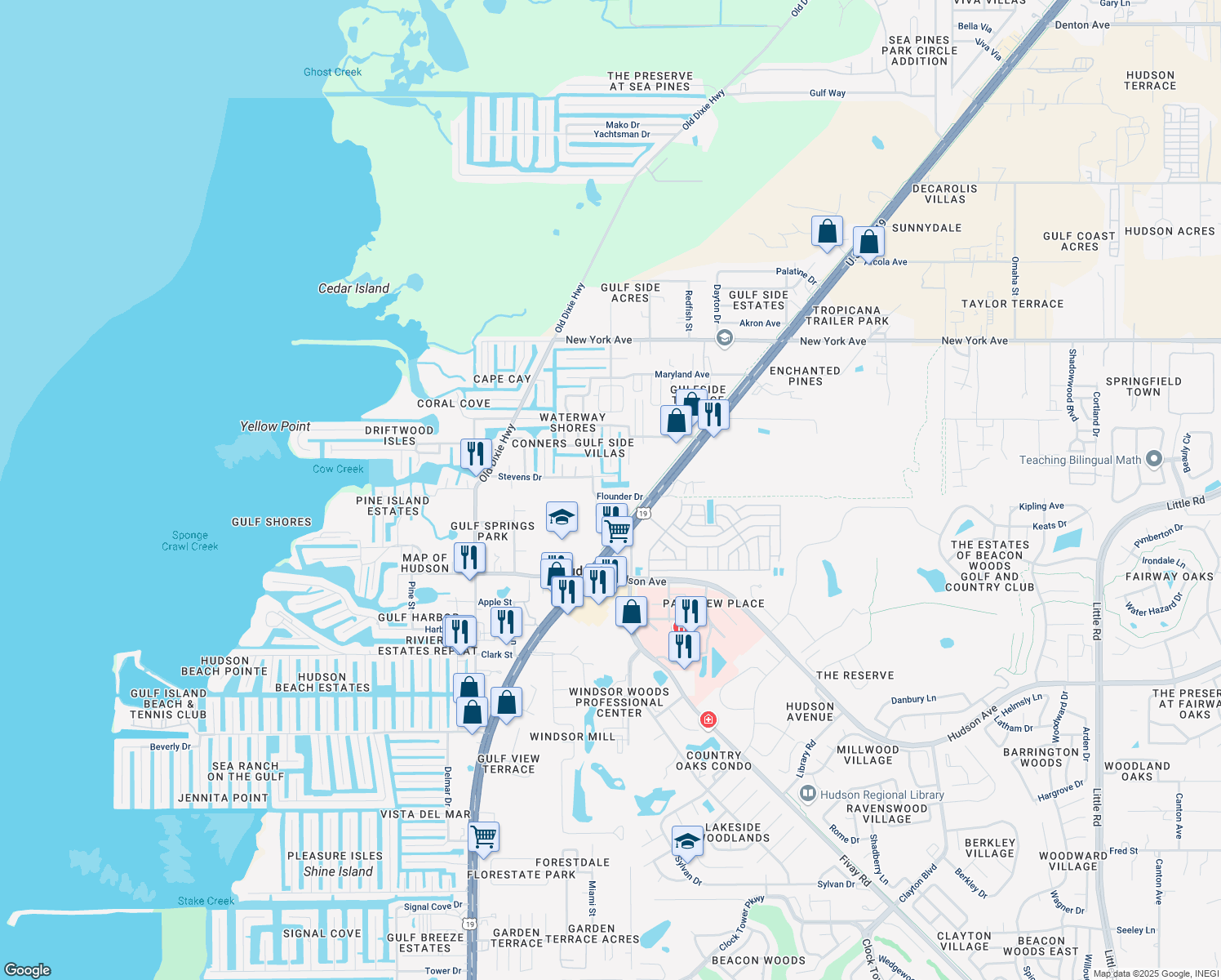 map of restaurants, bars, coffee shops, grocery stores, and more near 7415 Flounder Drive in Hudson