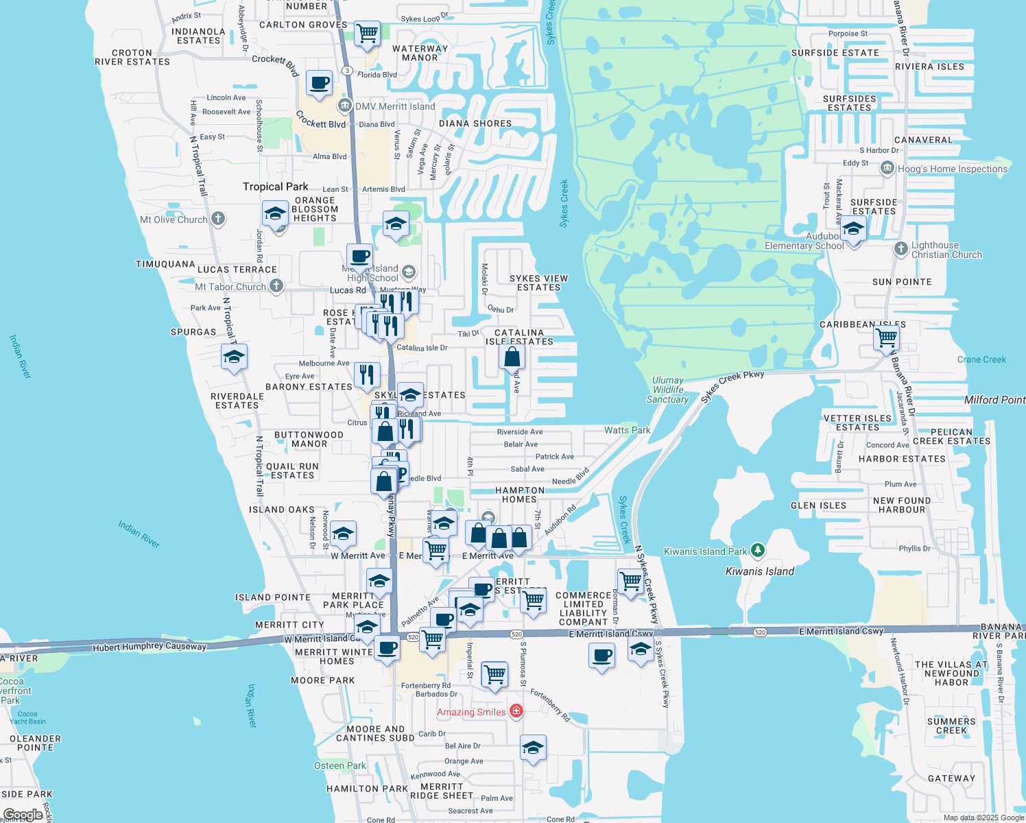 map of restaurants, bars, coffee shops, grocery stores, and more near 745 Richland Avenue in Merritt Island