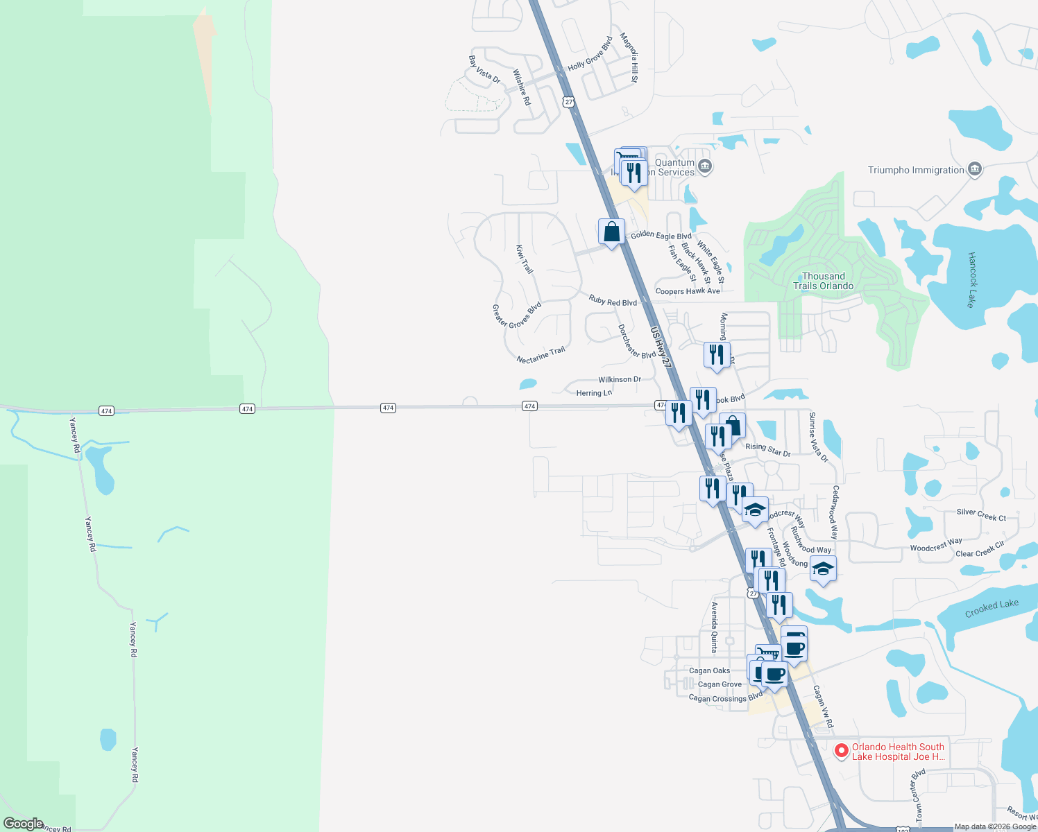 map of restaurants, bars, coffee shops, grocery stores, and more near 15744 County Road 474 in Clermont